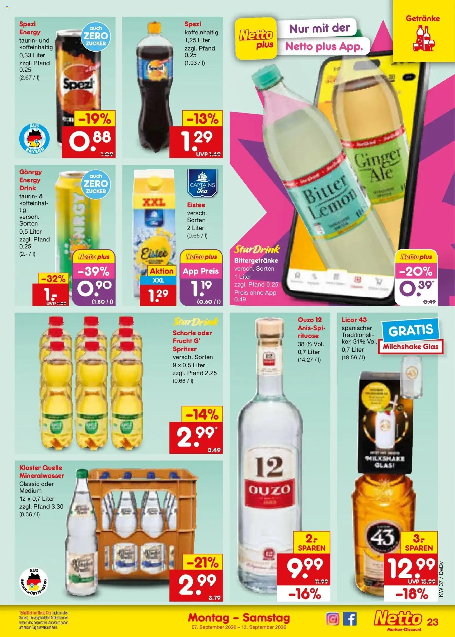 Netto Marken-Discount Prospekt Stuttgart – gültig ab 07.09.2026 | Seite: 33 | Produkte: Ouzo 12, Energy, Mineralwasser, Zucker