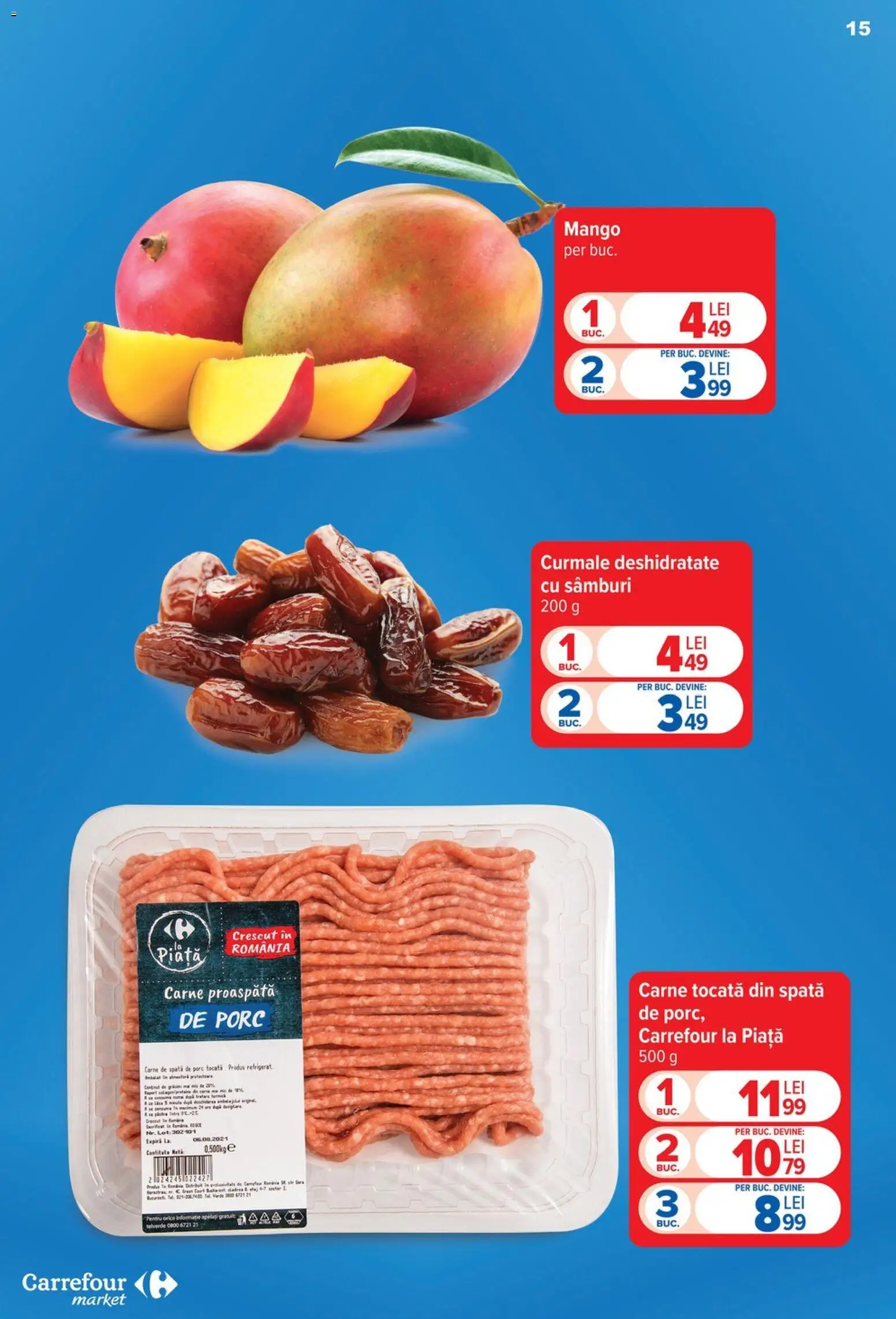Noul catalog Carrefour – valabil de la 23.09.2026 | Pagină: 15 | Produse: Spata de porc, Carne tocată, Curmale, Mango
