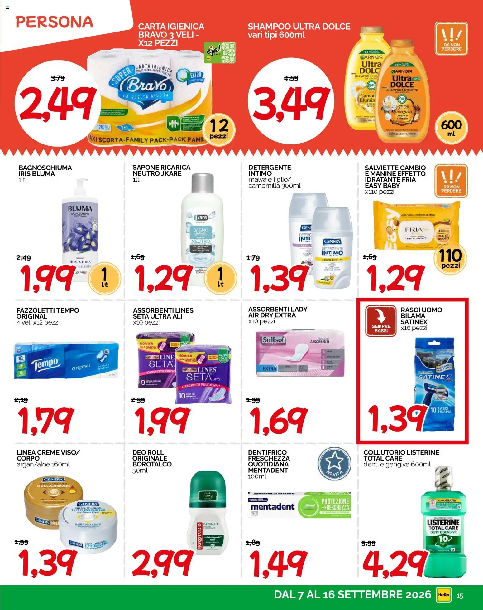 Volantino HarDis del 07/09/2026 | Pagina: 15 | Prodotti: Shampoo, Sapone, Fazzoletti, Assorbenti