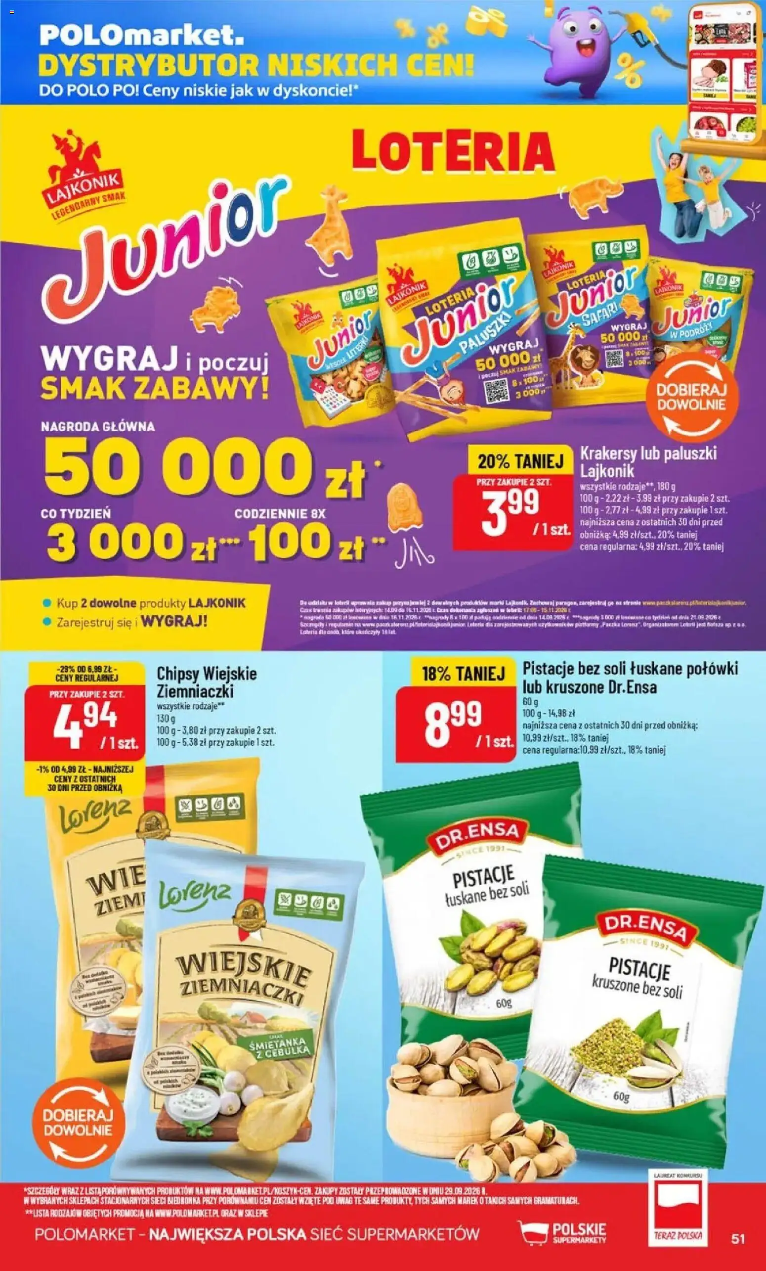 Nowa POLOmarket gazetka od jutra 14.10.2026 | Strona: 51 | Produkty: Pistacje, Ziemniaczki, Paluszki, Krakersy