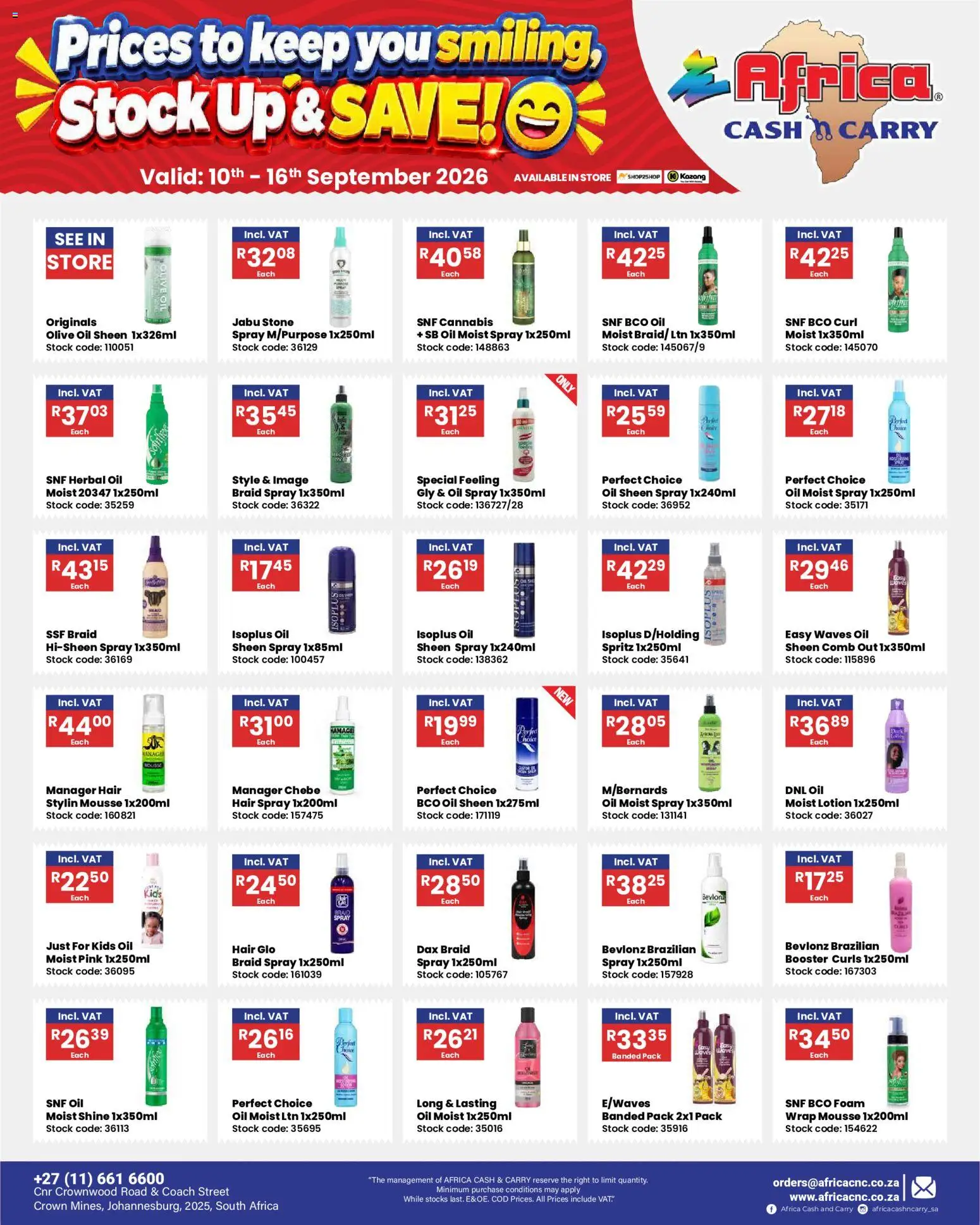 New Africa Cash & Carry catalogue – valid from 10/09/2026 | Page: 1 | Products: Oil, Hair spray, Stock, Foam
