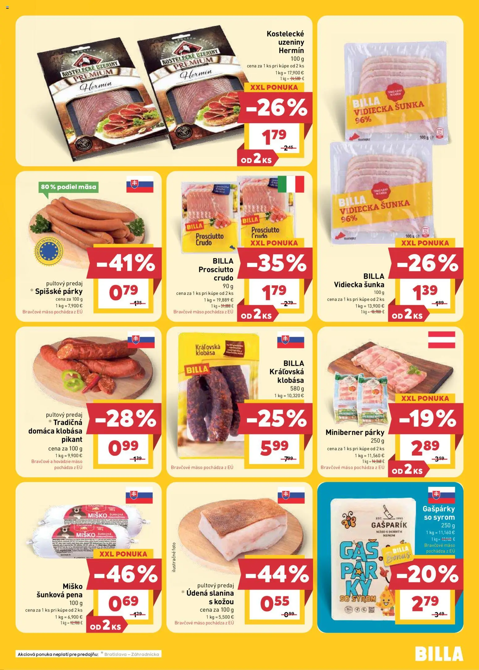 Nové Billa akcie – leták je platný od 29.07.2026 | Strana: 7 | Produkty: Šunka, Hovädzie mäso, Prosciutto crudo, Párky