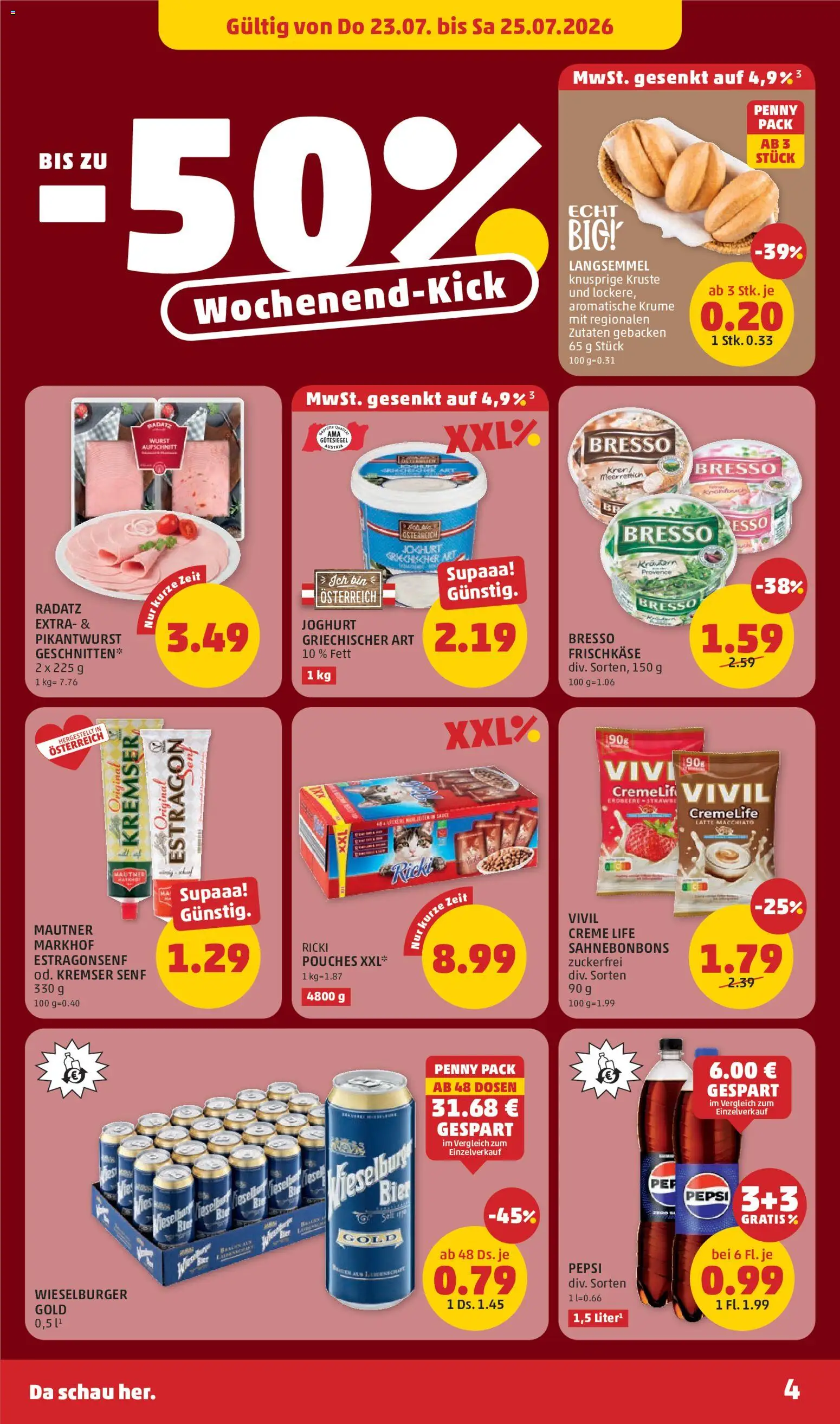 Penny Markt Flugblatt gültig ab 23.07.2026 | Seite: 4 | Produkte: Wurst, Creme, Joghurt, Bier