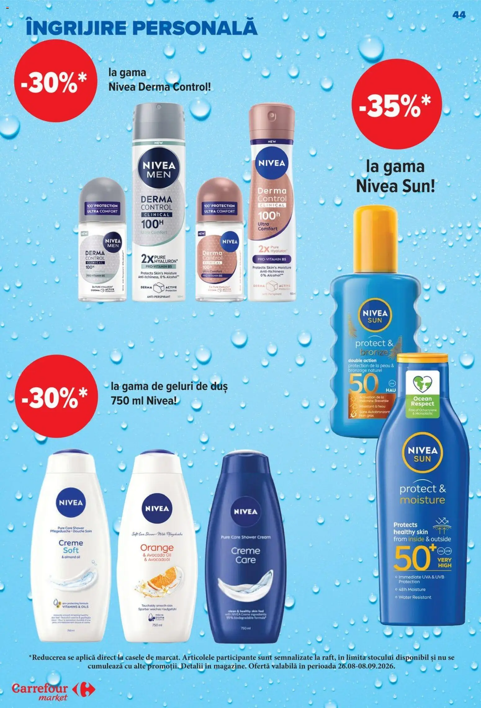 Noul catalog Carrefour – valabil de la 26.08.2026 | Pagină: 44 | Produse: Nivea, Clean, Duș, Antiperspirant