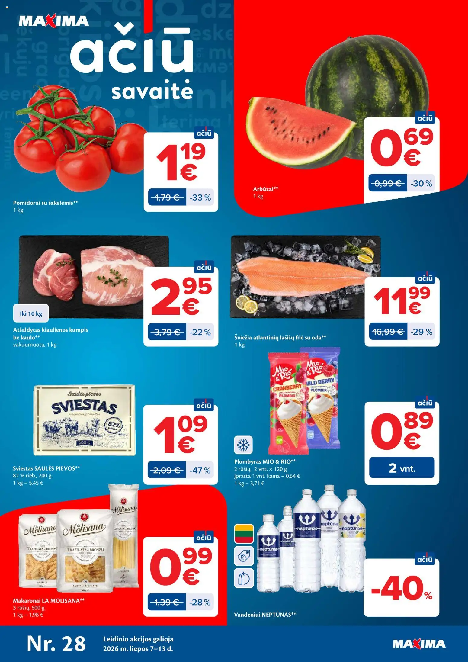 MAXIMA akcijos nuo 2026.07.07 | Puslapis: 1 | Prekių: Kiaulienos, Kumpis, Plombyras, Makaronai