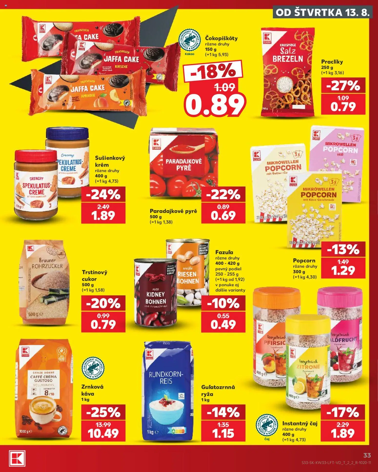 Nové Kaufland akcie – leták je platný od 13.08.2026 | Strana: 33 | Produkty: Ryža, Popcorn, Cukor, Kakao