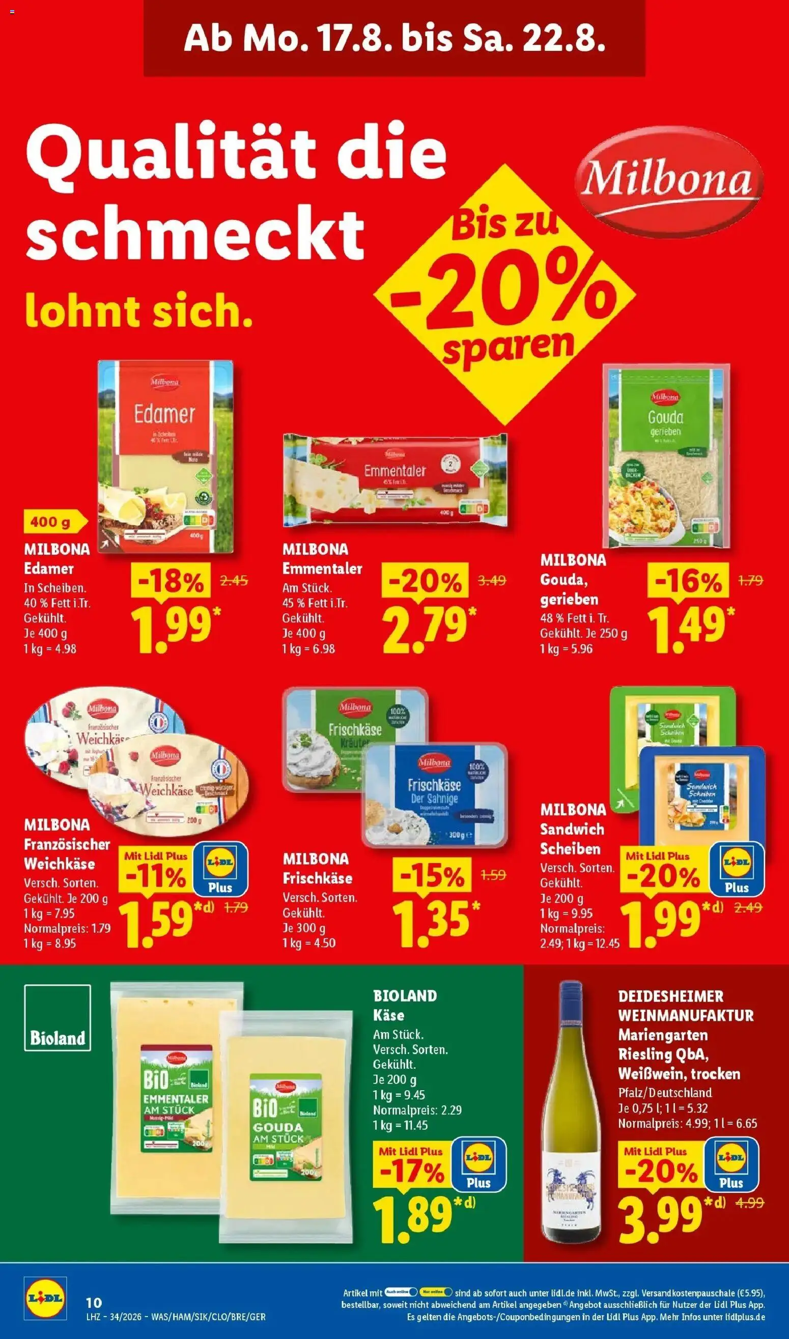 Lidl Prospekt Emlichheim (ab 17.08.2026) zum Blättern » Angebote | Seite: 20 | Produkte: Käse, Gouda, Edamer, Frischkase