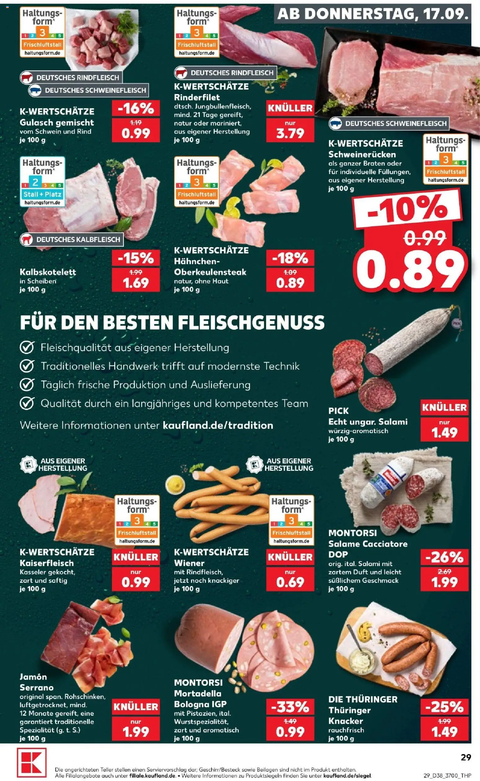 Kaufland Prospekt Rostock – gültig ab 17.09.2026 | Seite: 29 | Produkte: Hahnchen, Gulasch, Schweinerucken, Salami