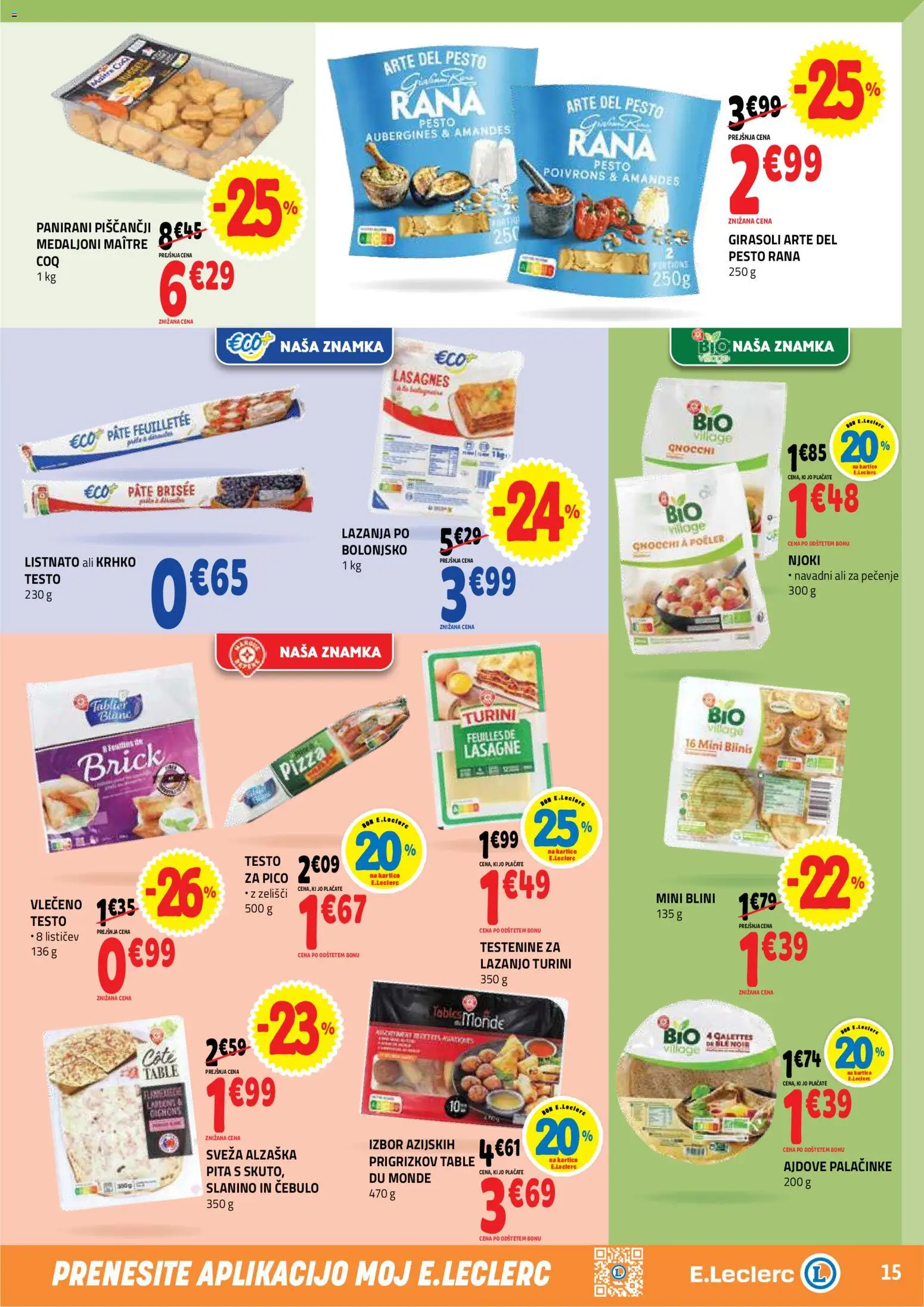 Novi E.leclerc katalog ponudbe – veljaven od 29.04.2026 | Stran: 15 | Izdelki: Pita, Pesto, Lazanja, Testenine