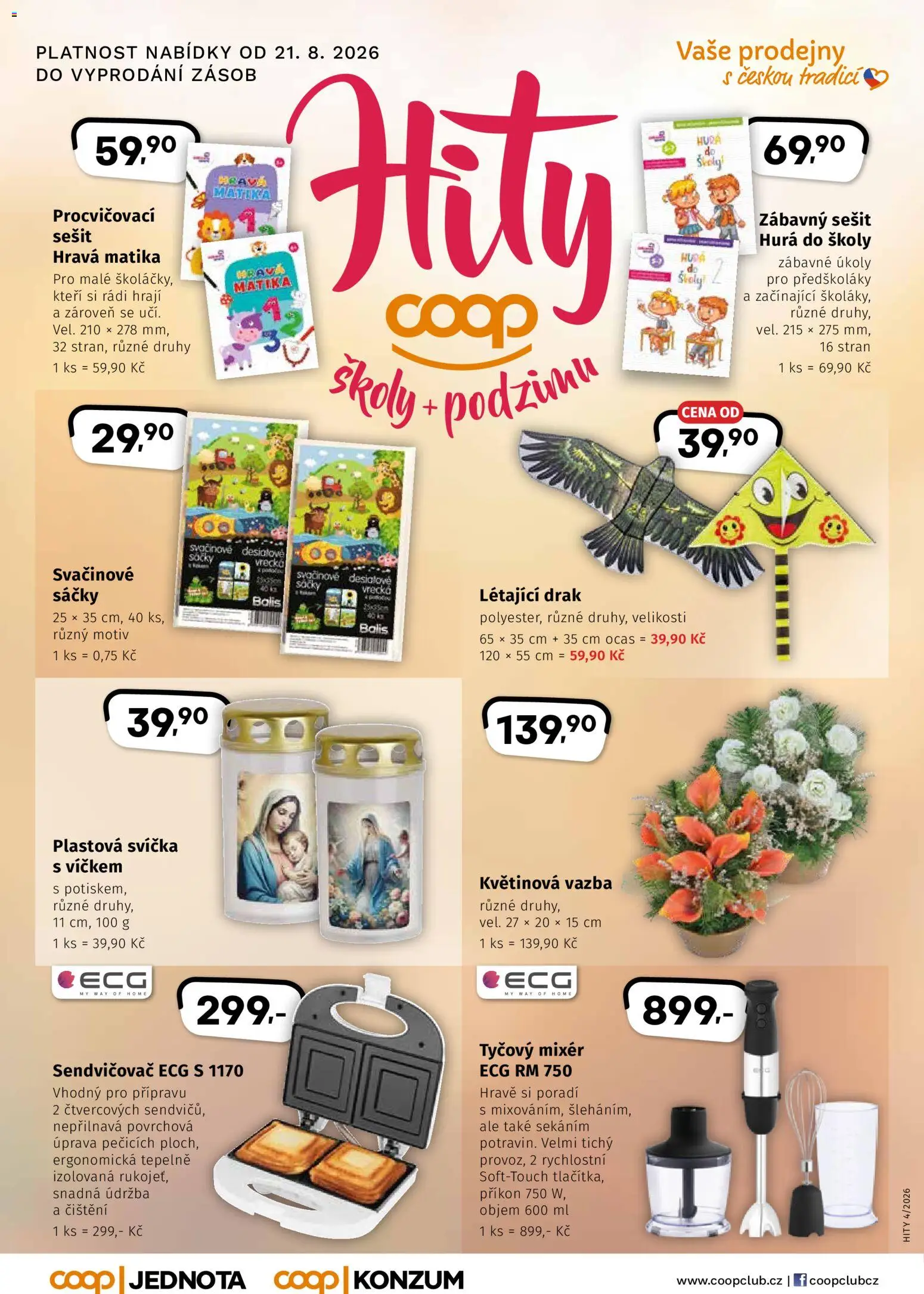Coop leták - Hity škola + podzim od 21.08.2026 | Strana: 1 | Produkty: Sešit, Svíčka, Mixér, Sendvičovač