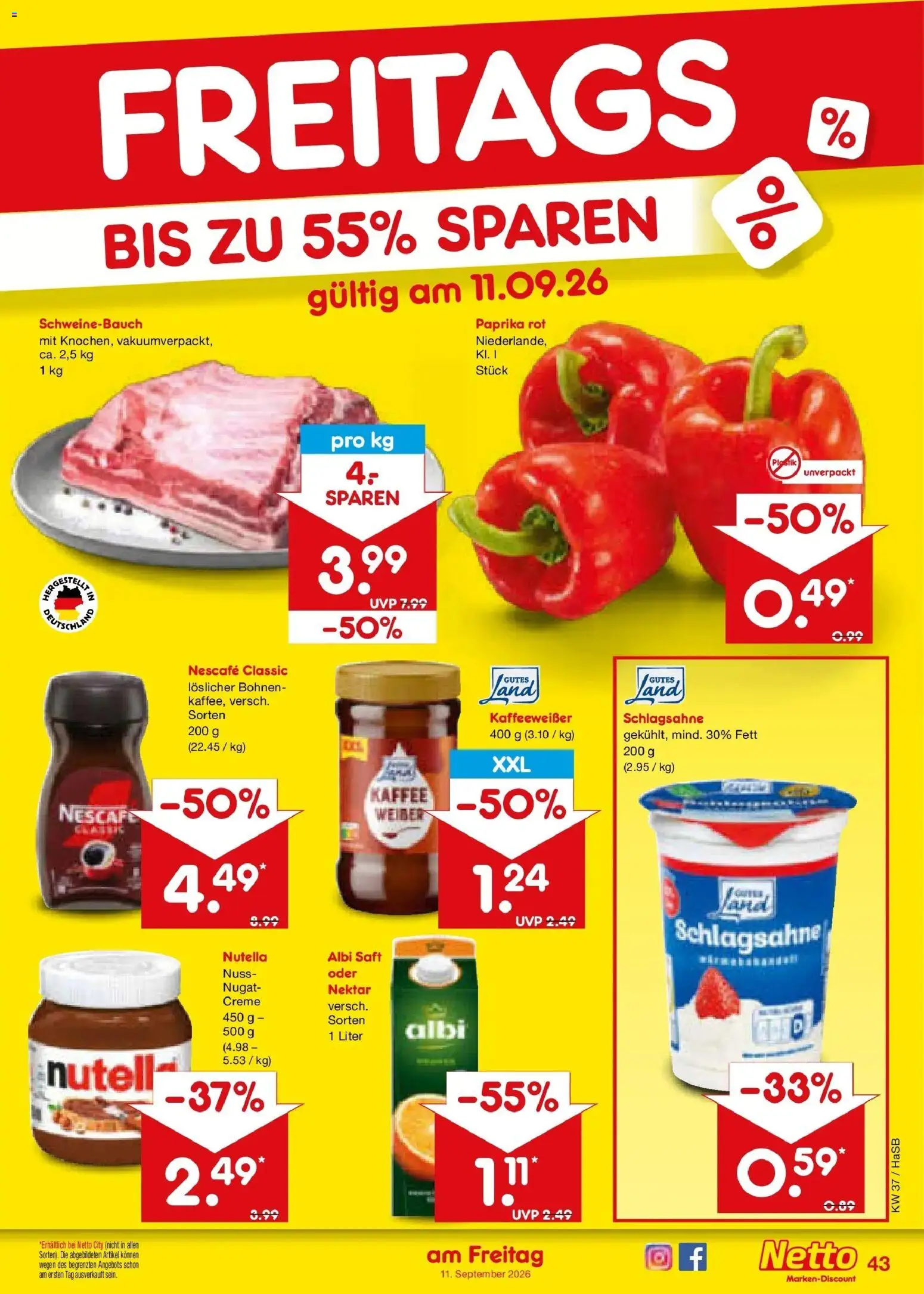 Netto Marken-Discount Prospekt Unna – gültig ab 07.09.2026 | Seite: 61 | Produkte: Schlagsahne, Kaffee, Schweinebauch, Saft