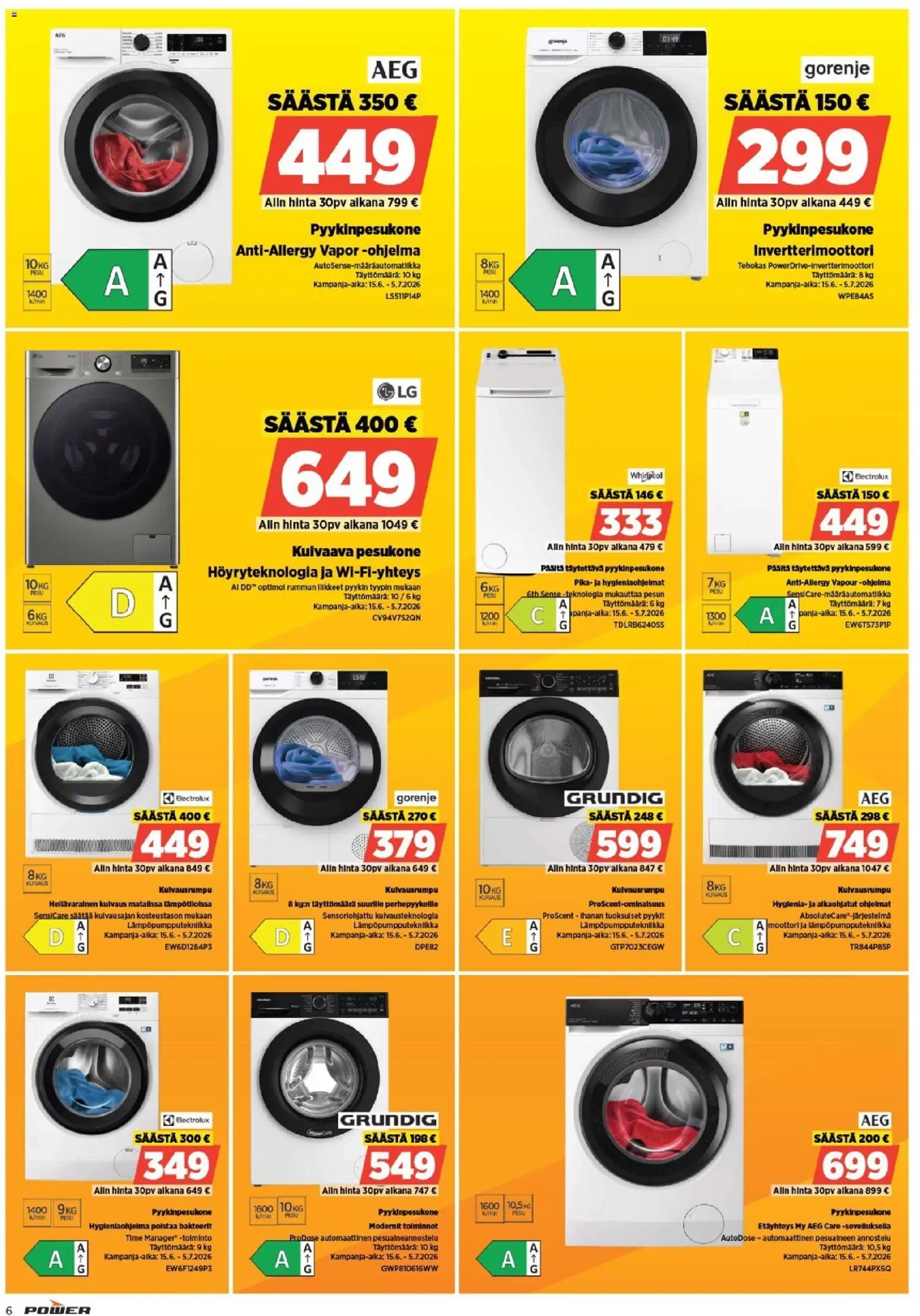 Power tarjoukset – voimassa 29/06/2026 alkaen | Sivu: 6 | Tuotteet: Pesukone, Kuivaava pesukone