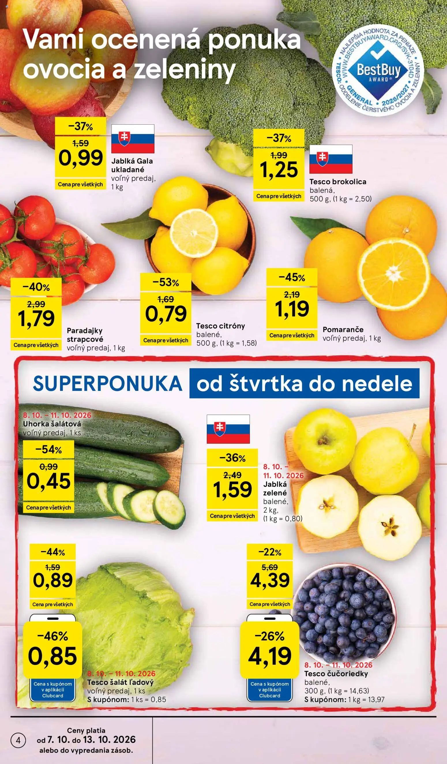 Nové Tesco akcie – leták je platný od 07.10.2026 | Strana: 4 | Produkty: Pomaranče, Paradajky, Čučoriedky, Šalát