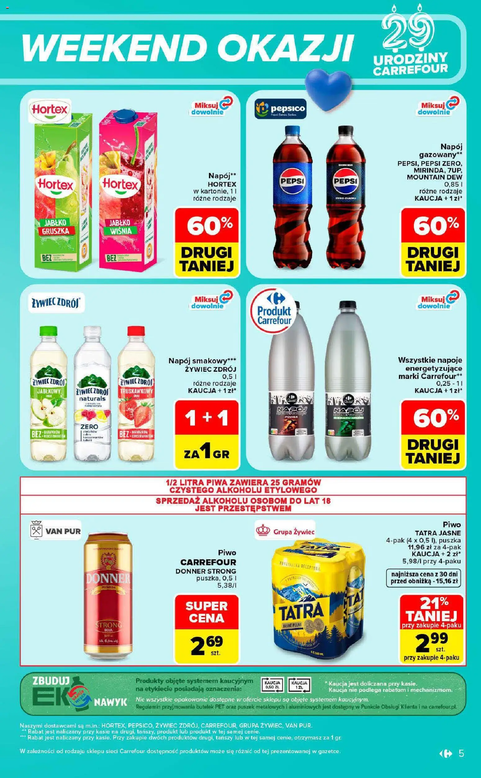 Carrefour gazetka - Weekend okazji od 22.10.2026 | Strona: 5 | Produkty: Gruszka, Napoje, Pepsi, Piwo