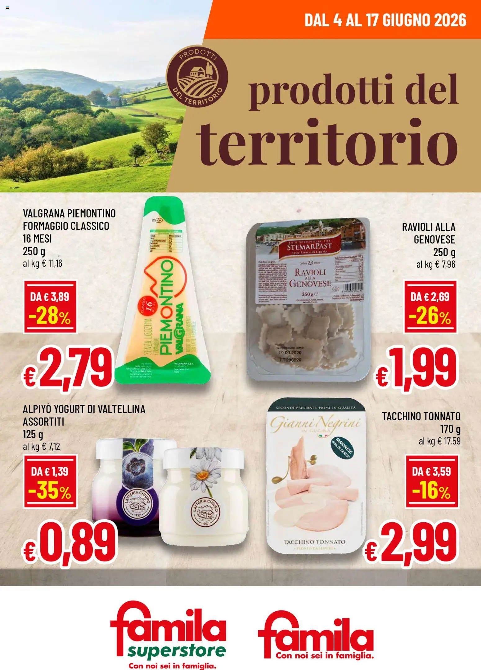 Volantino Famila del 04.06.2026 | Pagina: 1 | Prodotti: Yogurt, Tacchino, Pasta, Ravioli