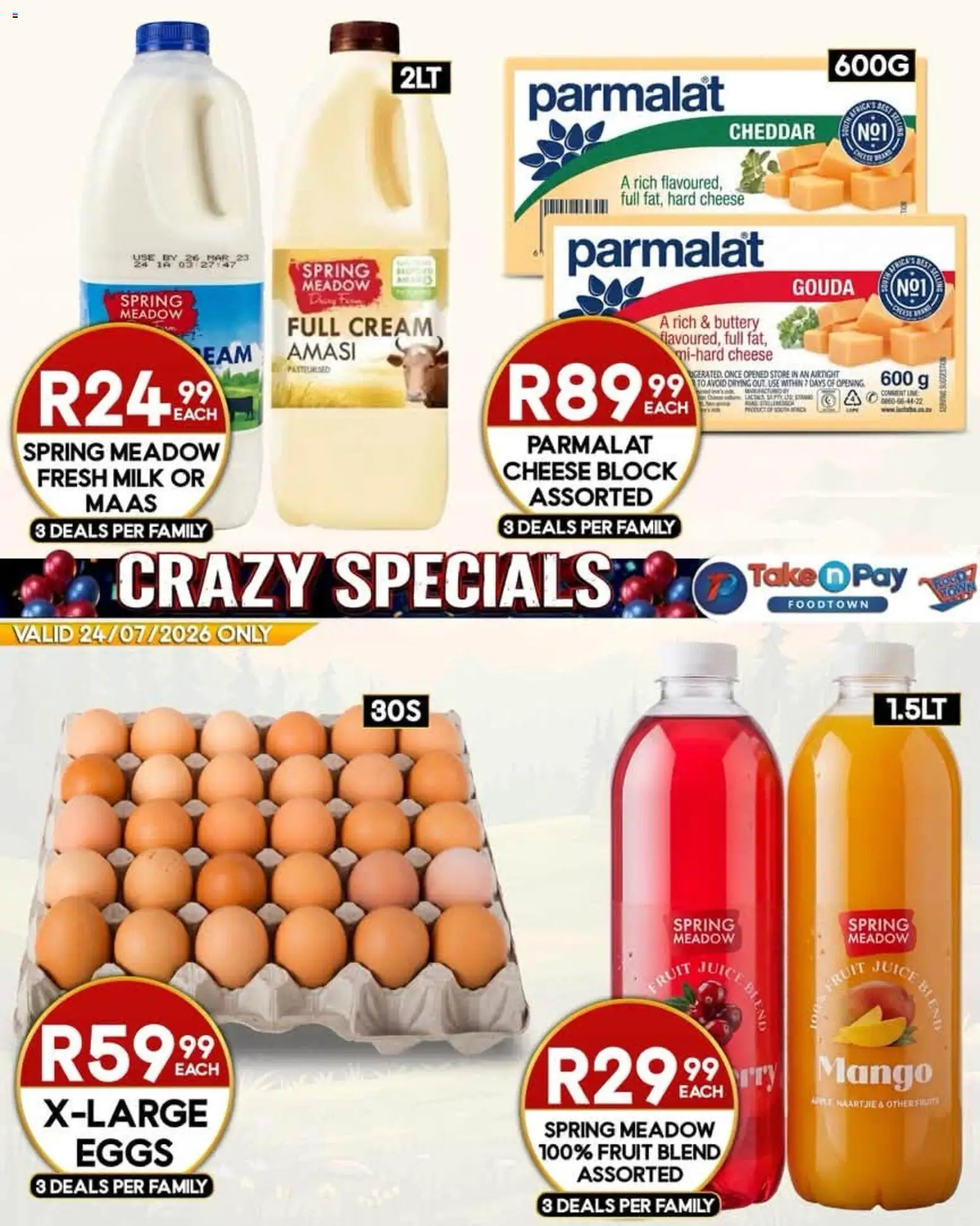 New Take n Pay catalogue – valid from 24/07/2026 | Page: 4 | Products: Milk, Eggs, Juice, Mango