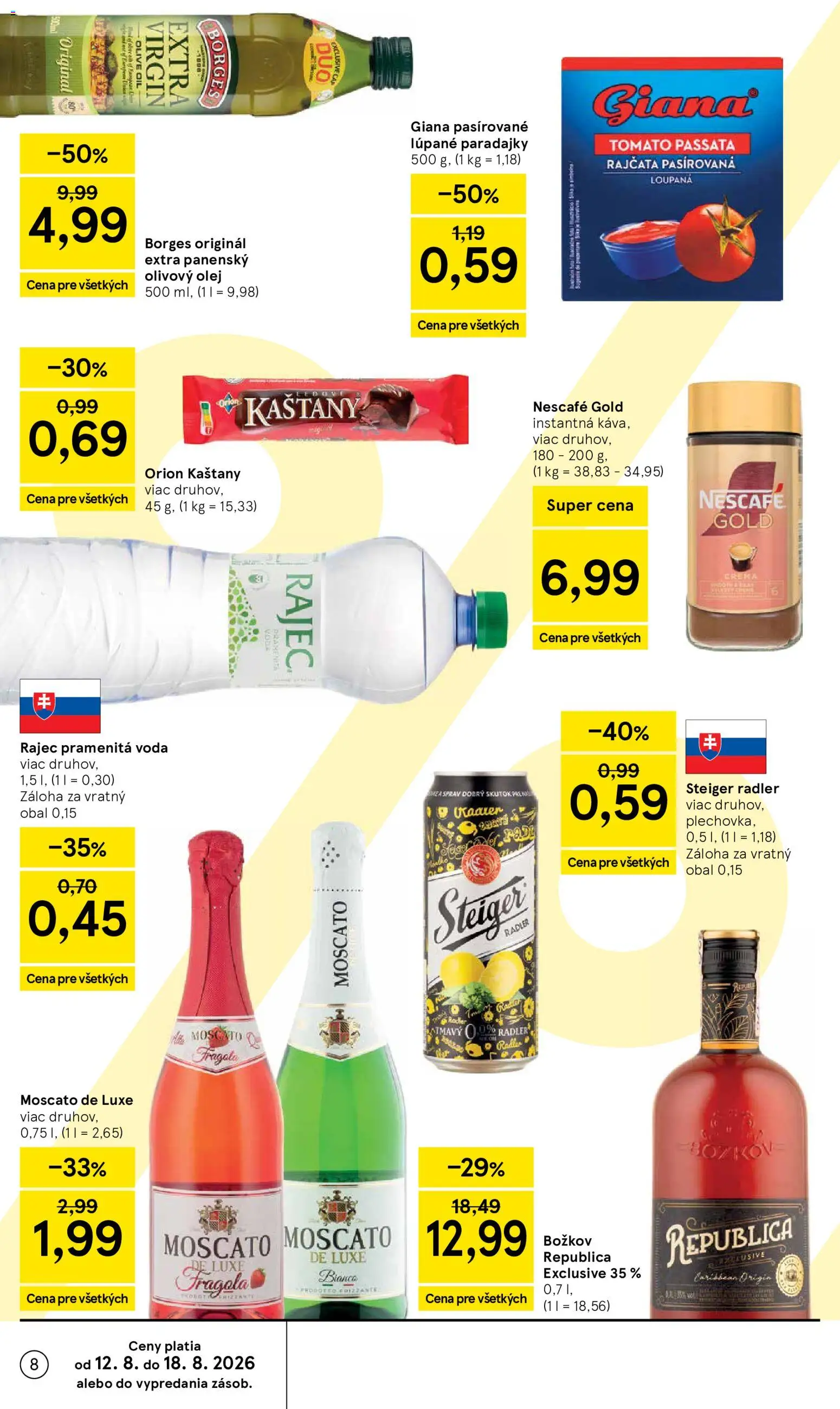 Nové Tesco akcie – leták je platný od 12.08.2026 | Strana: 8 | Produkty: Káva, Olivový olej, Rajec, Pramenitá voda