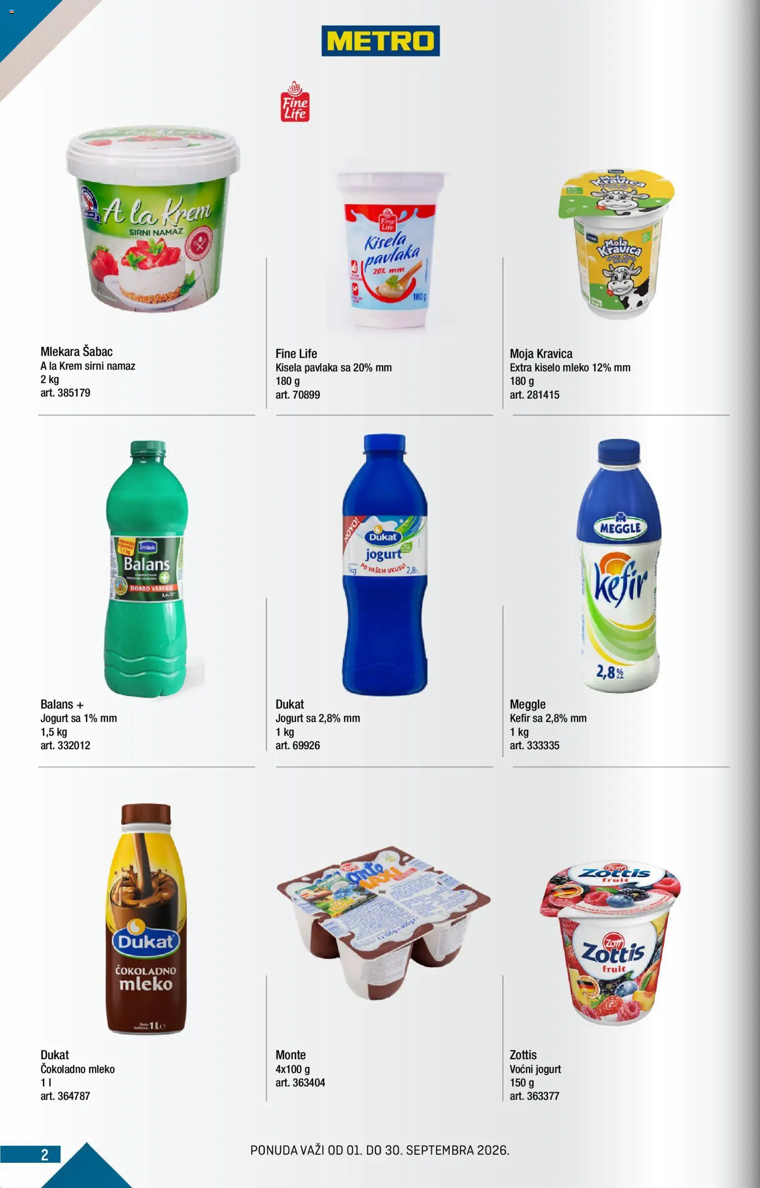 Metro katalog - važi od 01.09.2026 | Strana: 2 | Proizvode: Kiselo mleko, Mleko, Krem, Pavlaka
