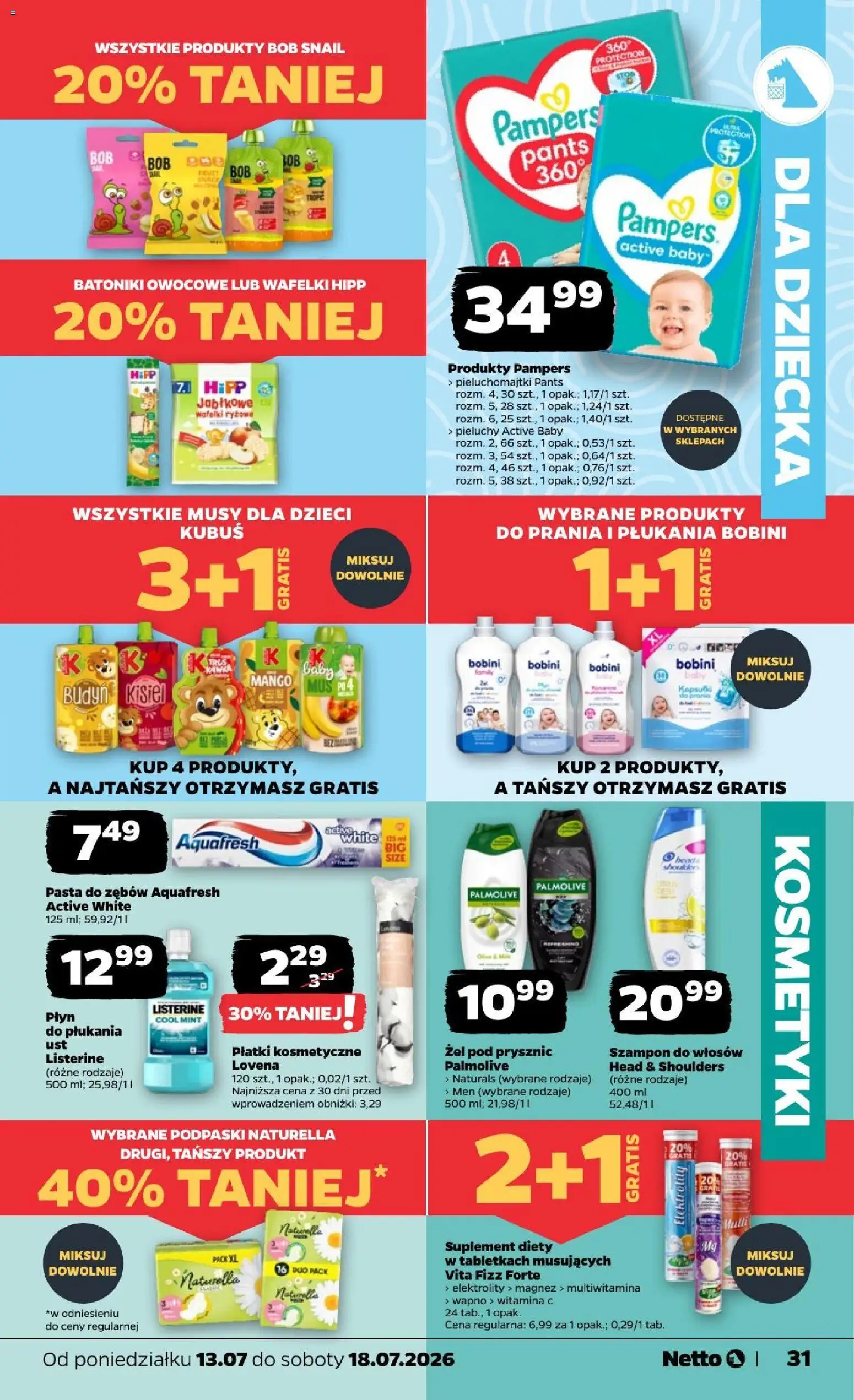 Netto gazetka od poniedziałku od 13.07.2026 | Strona: 31 | Produkty: Pampers, Płatki kosmetyczne, Pasta do zębów, Płyn do płukania ust