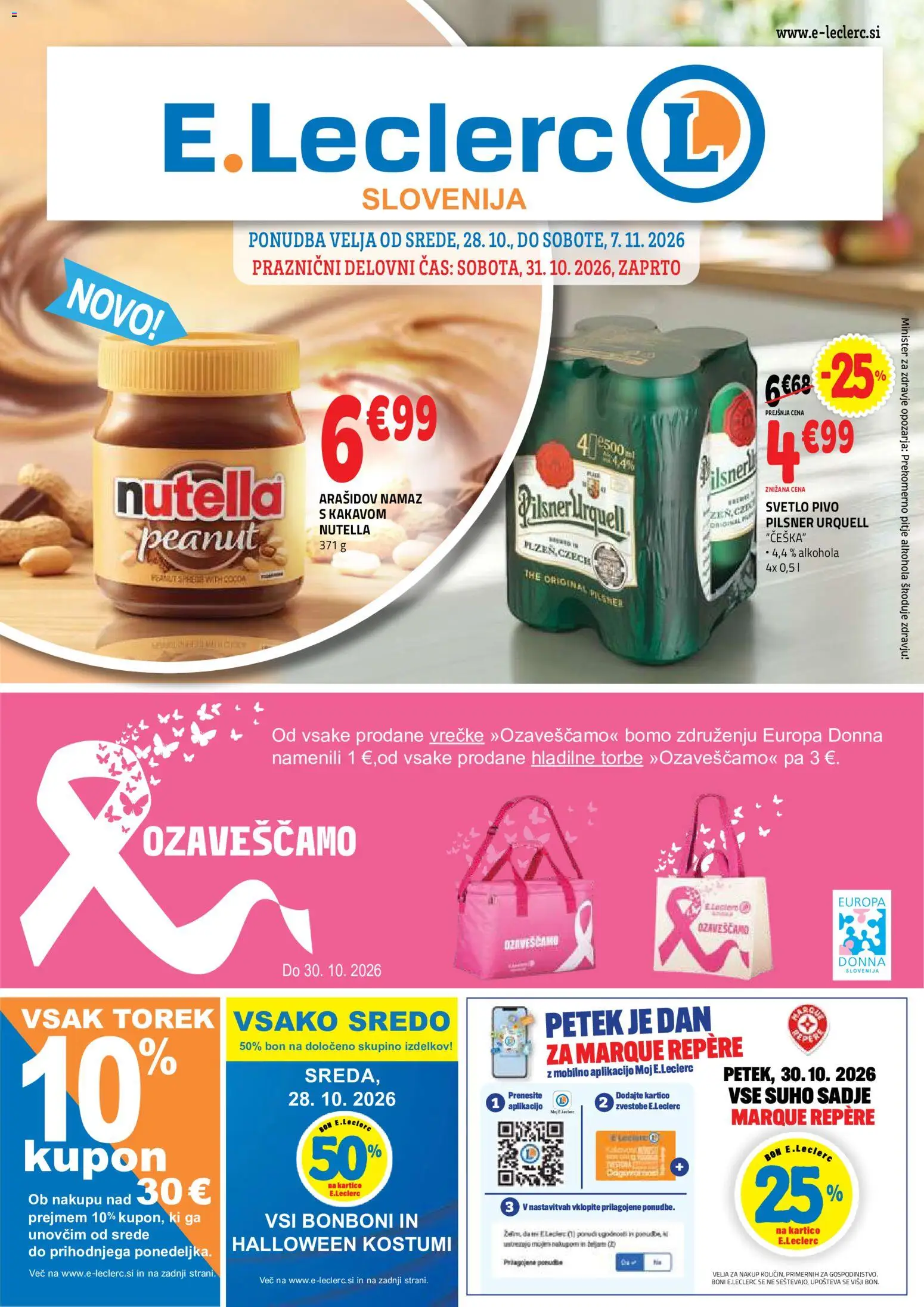 Novi E.leclerc katalog ponudbe – veljaven od 28.10.2026 | Stran: 1 | Izdelki: Bonboni, Pivo, Sadje, Nutella