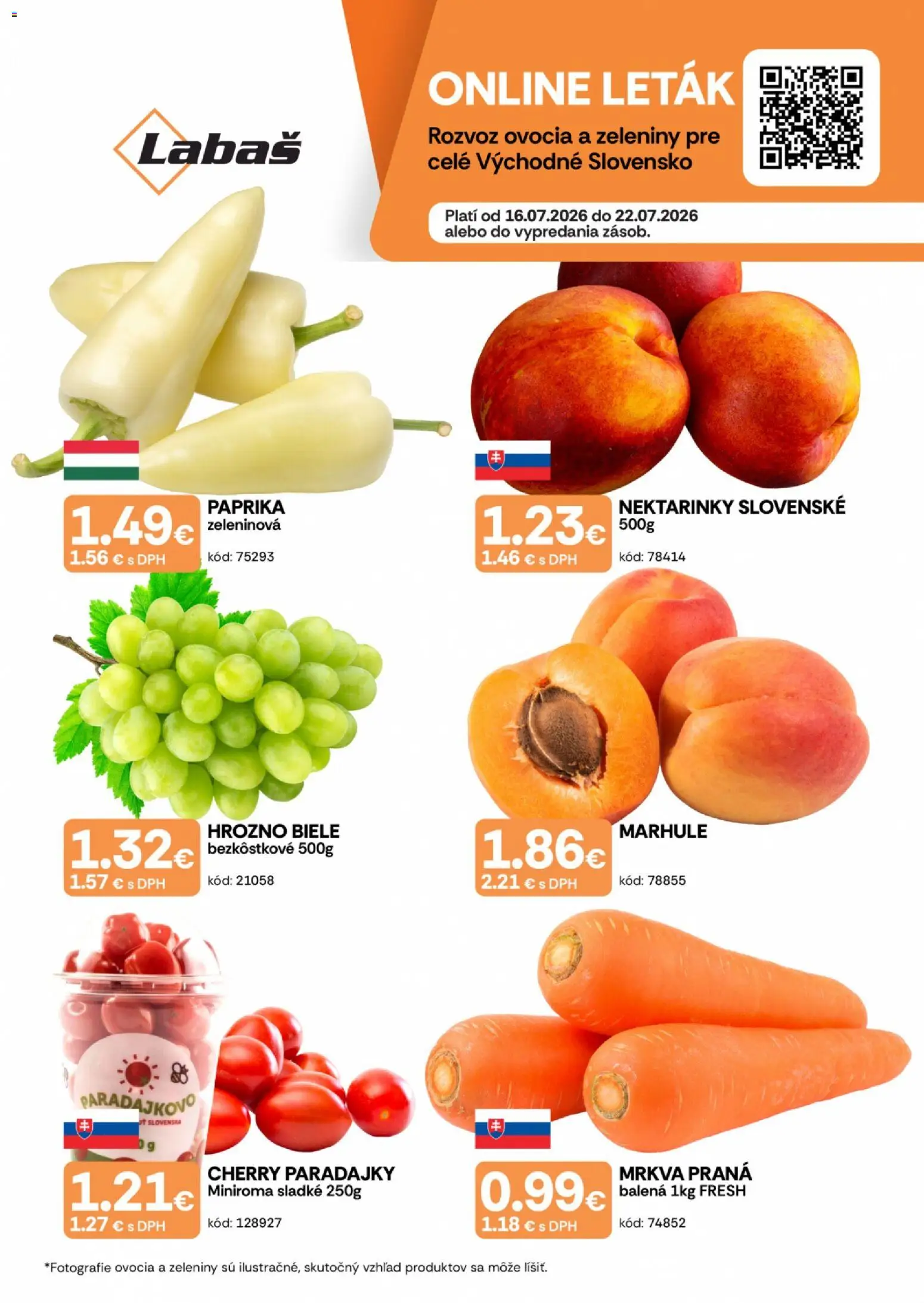 Nové Labaš akcie – leták je platný od 16.07.2026 | Strana: 1 | Produkty: Paprika, Mrkva, Marhule, Hrozno