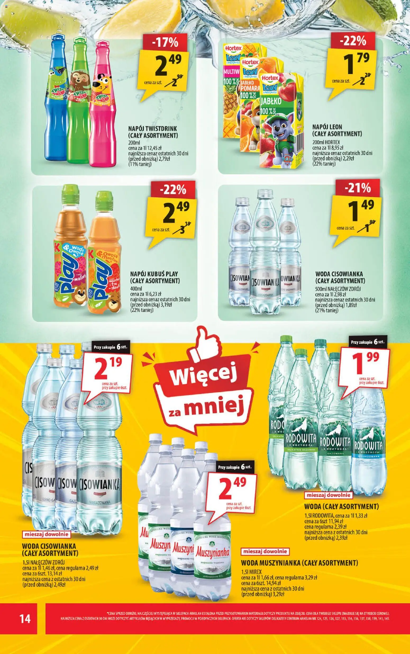 Arhelan gazetka od 28.08.2026 | Strona: 14 | Produkty: Kubuś, Woda Muszynianka, Muszynianka, Delikatesy