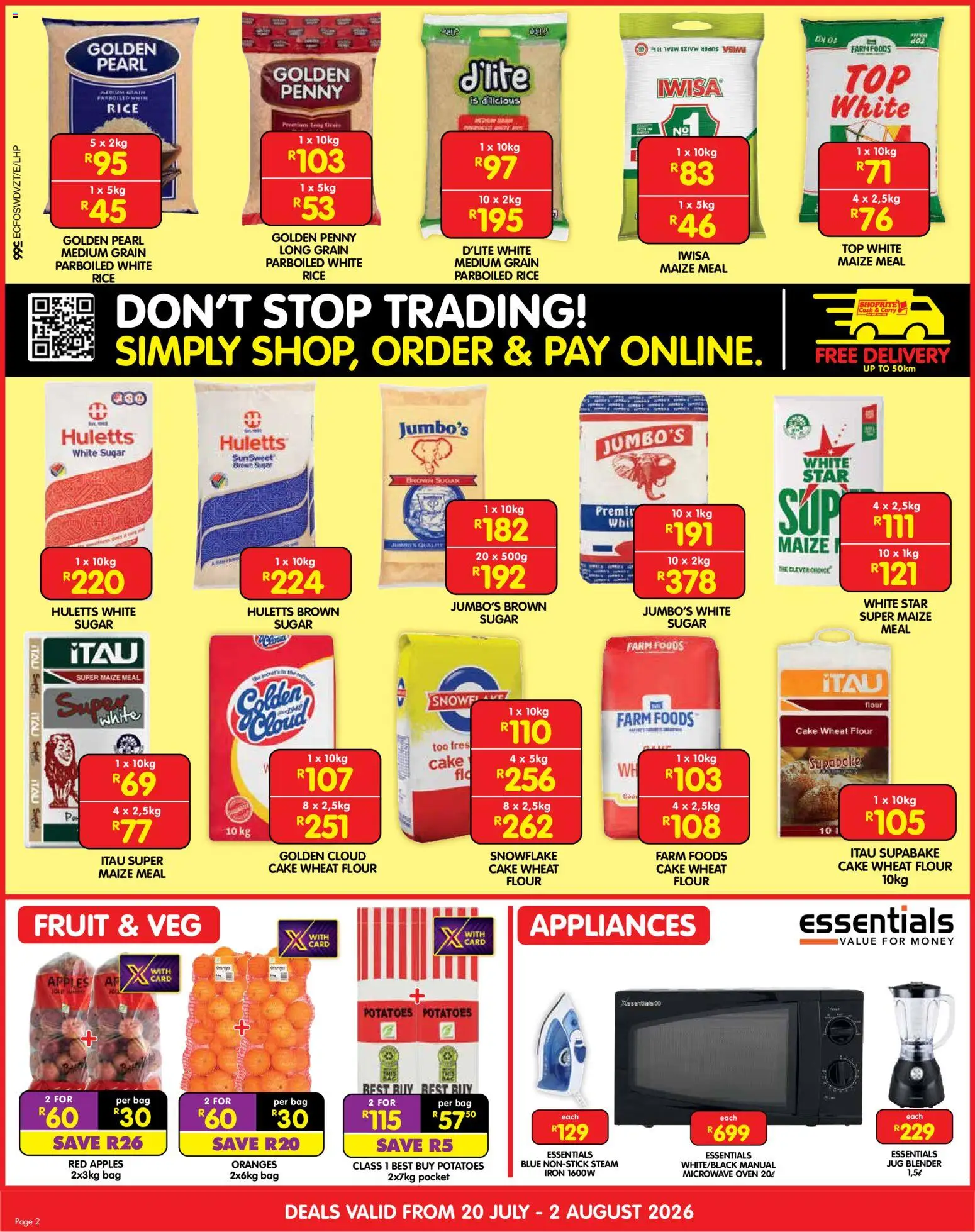 New Shoprite catalogue – valid from 20/07/2026 | Page: 2 | Products: Cake, Bag, Microwave oven, Apples