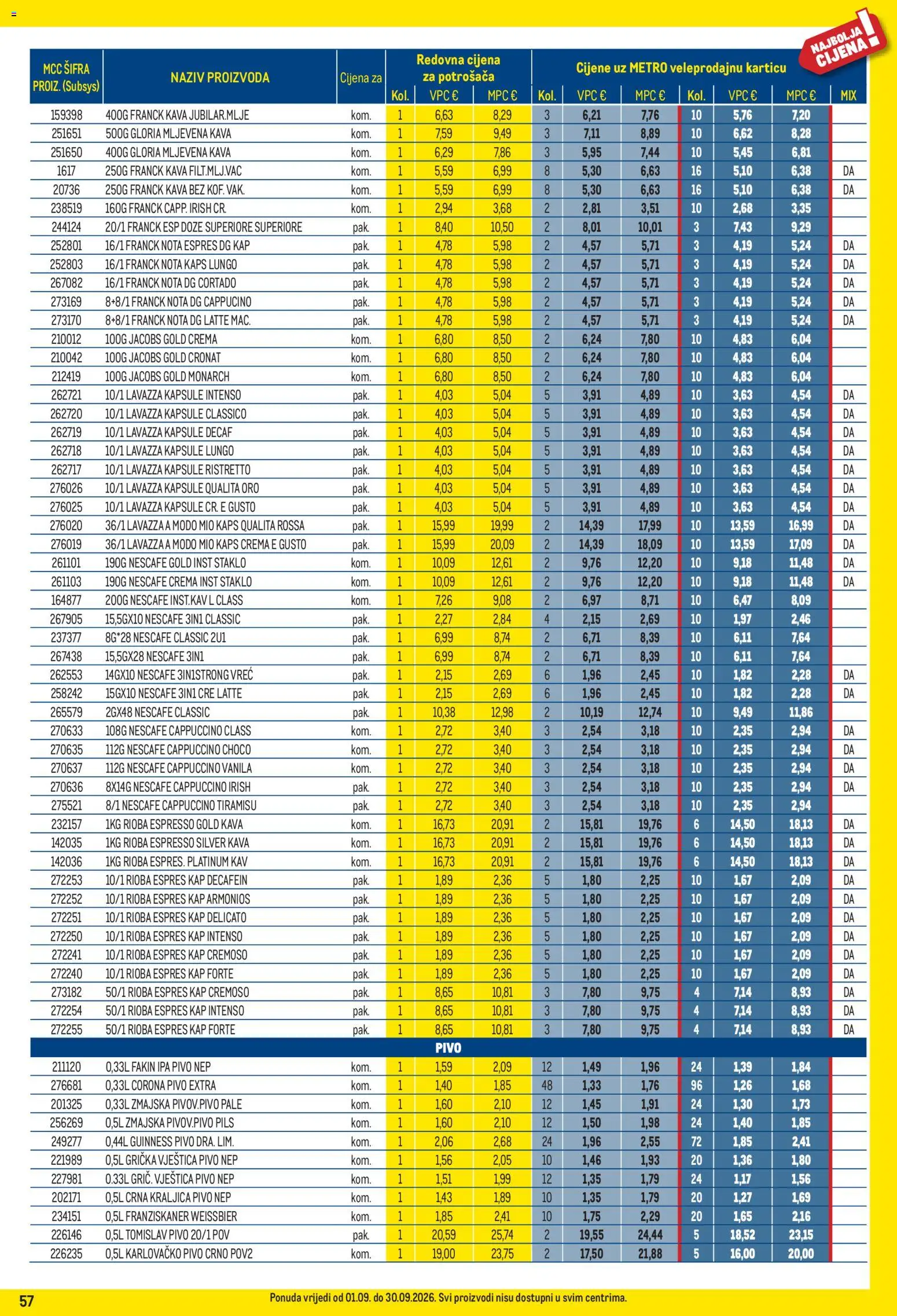 Metro katalog | vrijedi od 01.09.2026 | Stranica: 57 | Proizvodi: Corona pivo, Jacobs, Nescafe Gold, Kapsule