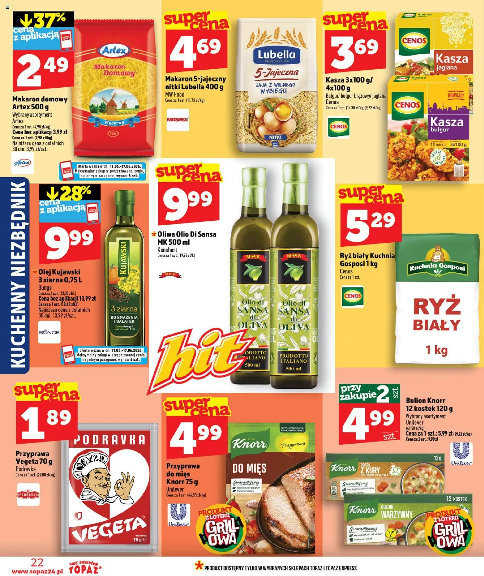 Topaz gazetka - MAZ od 11.06.2026 | Strona: 22 | Produkty: Kasza, Bulgur, Olej kujawski, Makaron