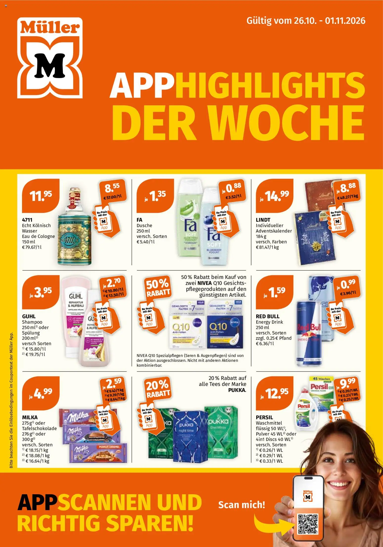 Müller Prospekt – gültig ab 26.10.2026 | Seite: 1 | Produkte: Dusche, Milka, Waschmittel, Eau de Cologne