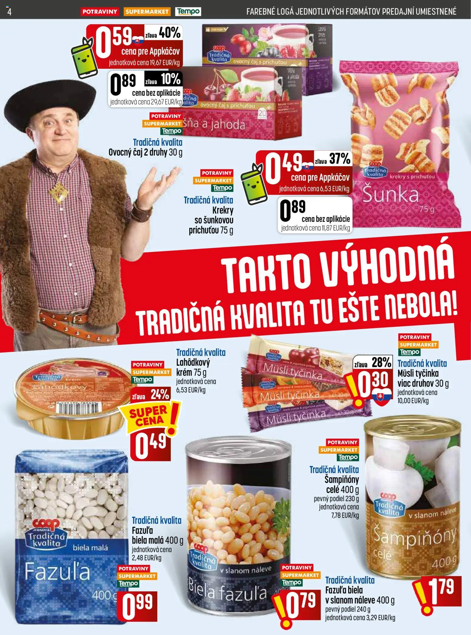 Nové COOP Jednota akcie – leták je platný od 03.09.2026 | Strana: 4 | Produkty: Müsli tyčinka, Šunka, Fazuľa, Krekry