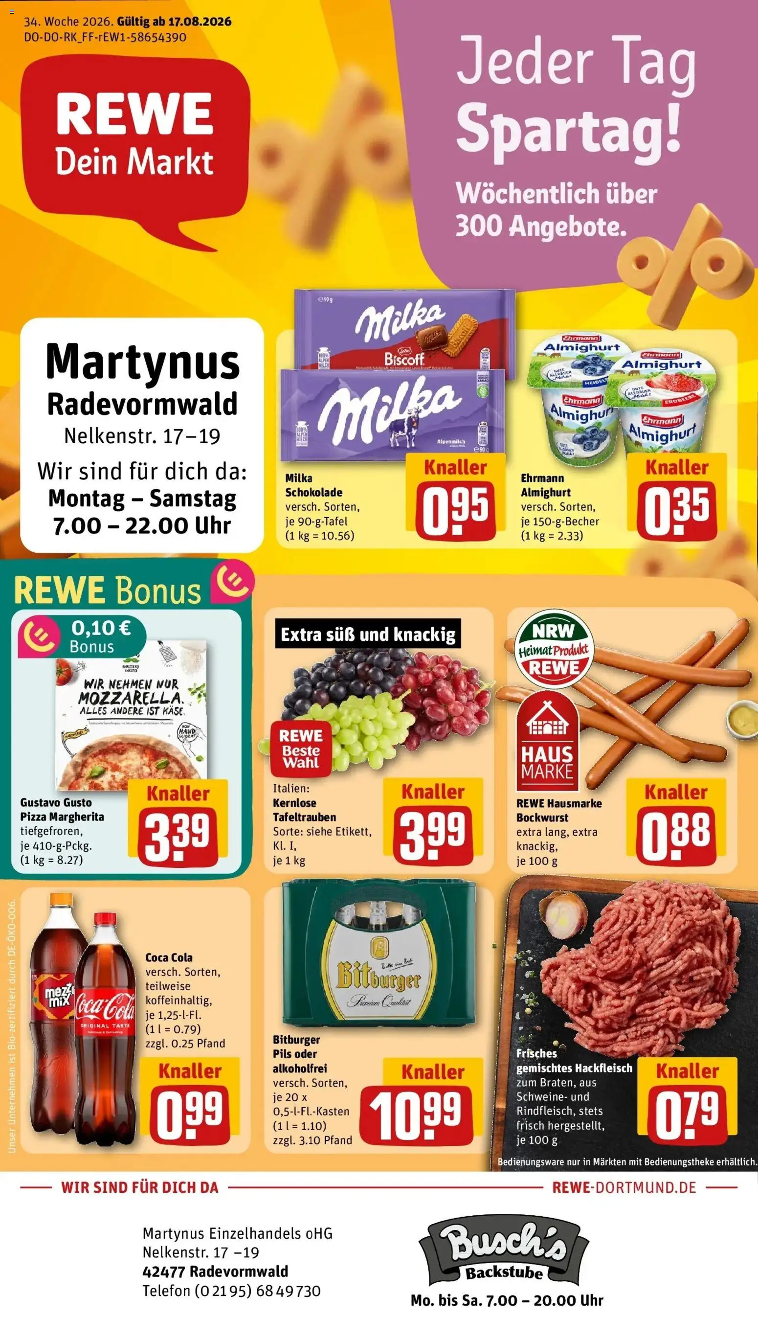 REWE Prospekt ab 17.08.2026 zum Blättern » Angebote | Seite: 1 | Produkte: Gustavo gusto, Käse, Schokolade, Pizza