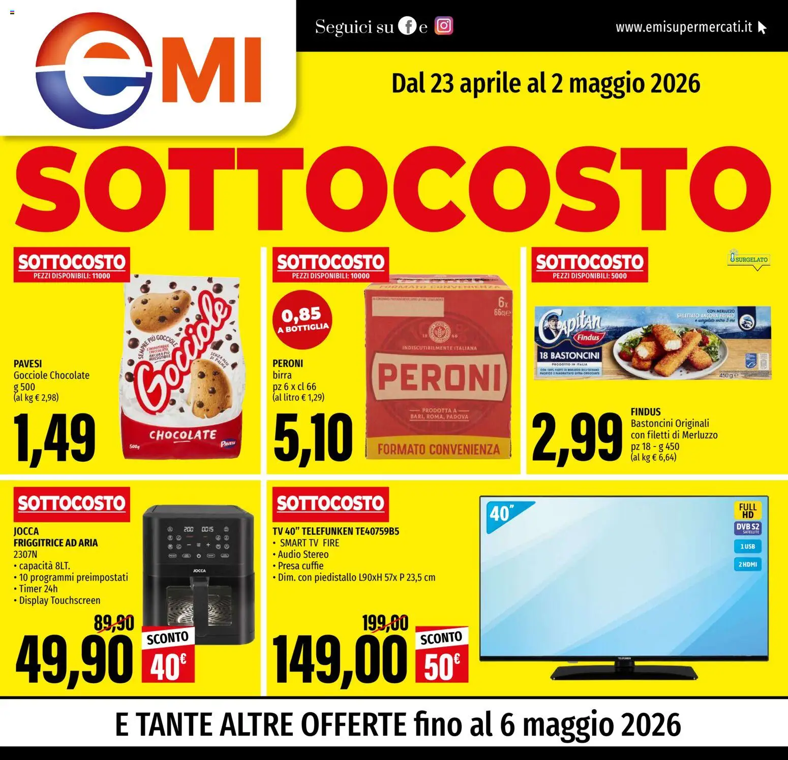 Volantino EMI del 23.04.2026 | Pagina: 1 | Prodotti: Friggitrice ad aria, smart TV, Merluzzo, Bottiglia