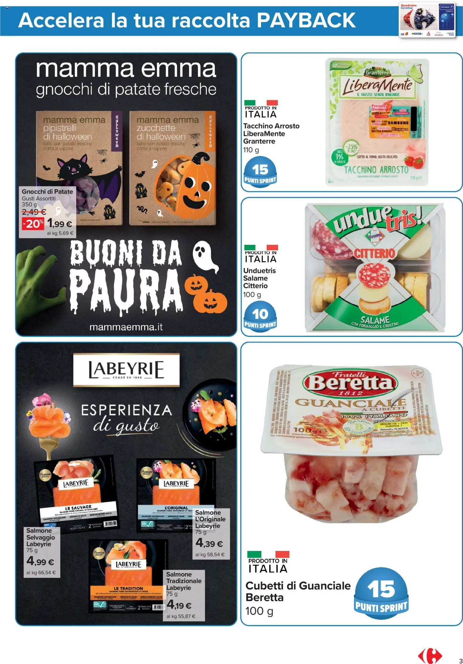 Volantino Carrefour del 23/10/2026 | Pagina: 3 | Prodotti: Salmone affumicato, Salame, Salmone, Formaggio