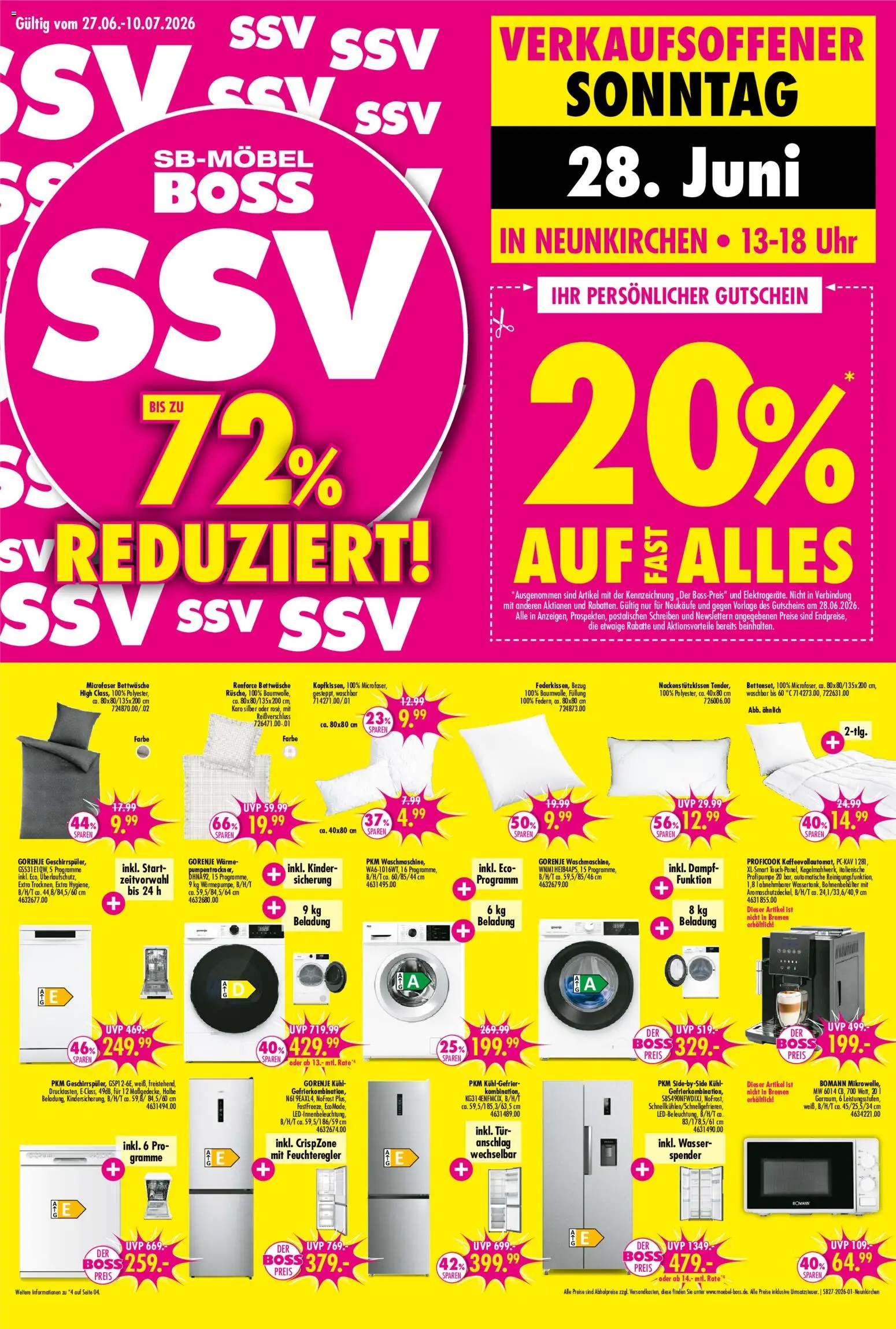SB Möbel Boss Prospekt Neunkirchen – gültig ab 27.06.2026 | Seite: 1 | Produkte: Gorenje, Bettwäsche, Tür, Wasser