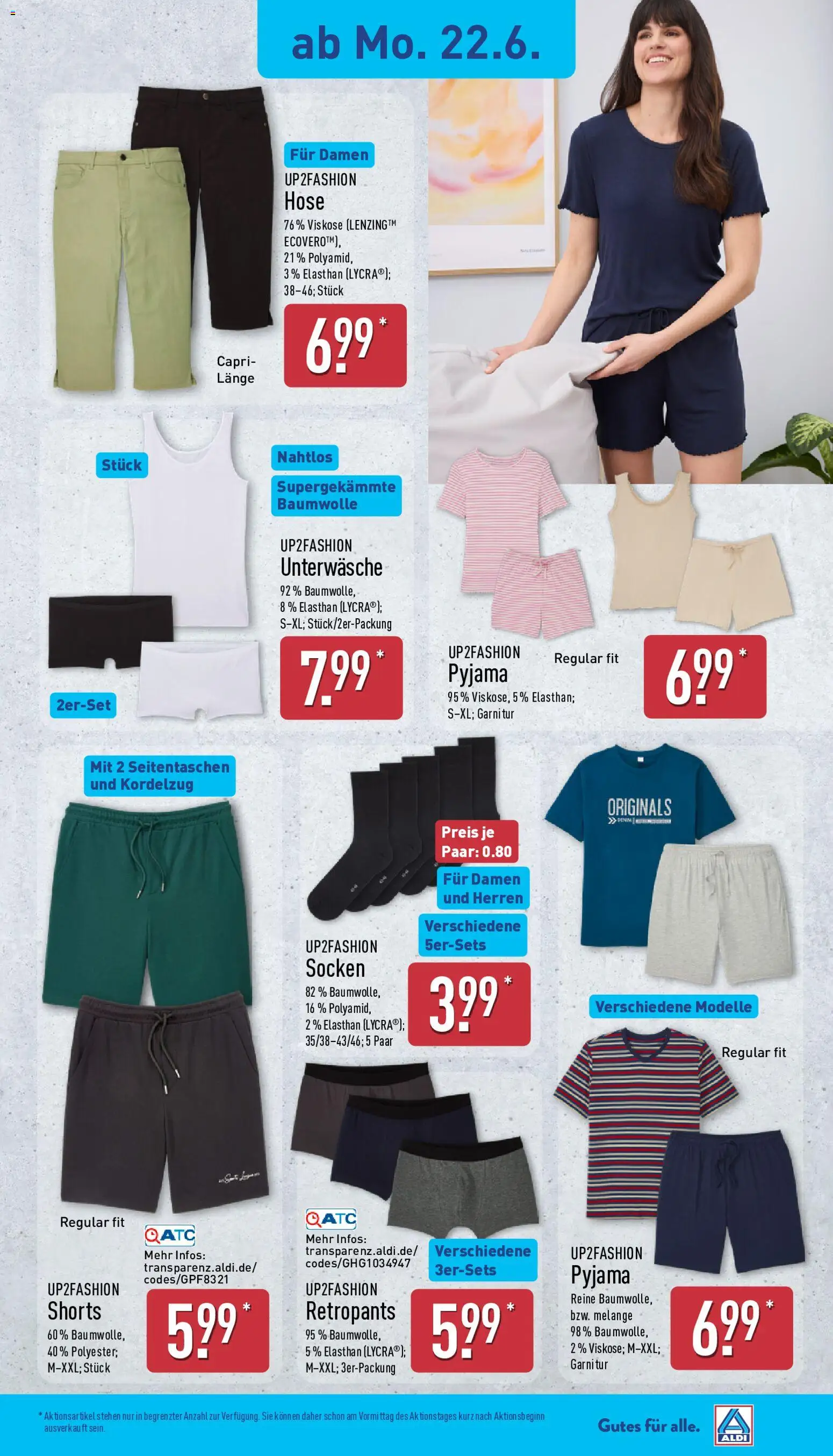 Aldi Prospekt – gültig ab 22.06.2026 | Seite: 19 | Produkte: Up2fashion, Unterwäsche, Socken, Pyjama