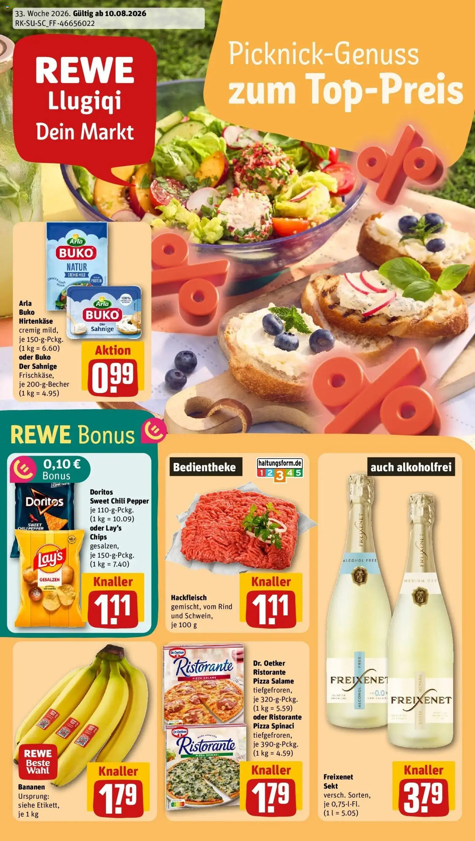 REWE Prospekt ab 10.08.2026 zum Blättern » Angebote | Seite: 1 | Produkte: Freixenet, Sekt, Bananen, Hackfleisch