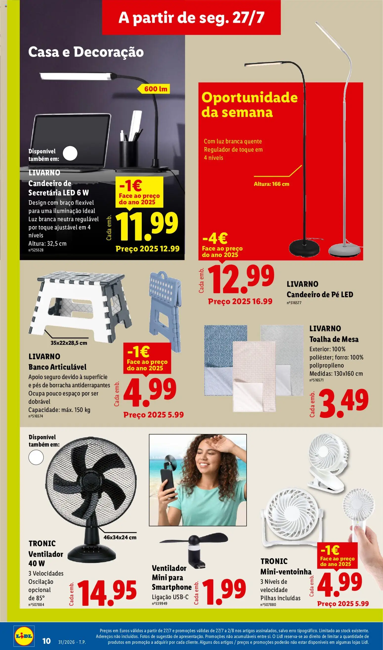 Lidl Novidades │ válido de 27/07/2026 | Página: 10 | Produtos: Smartphone, Candeeiro, Pilhas, Toalha de mesa