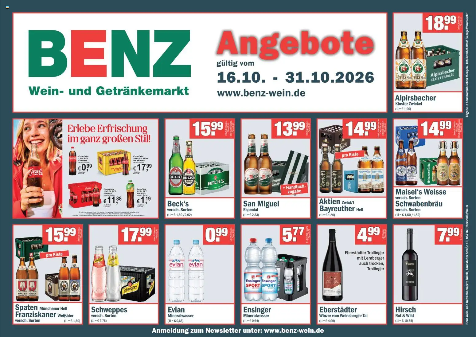 Benz Getränke Prospekt – gültig ab 16.10.2026 | Seite: 1 | Produkte: Bayreuther hell, Franziskaner, Weißbier, Mineralwasser
