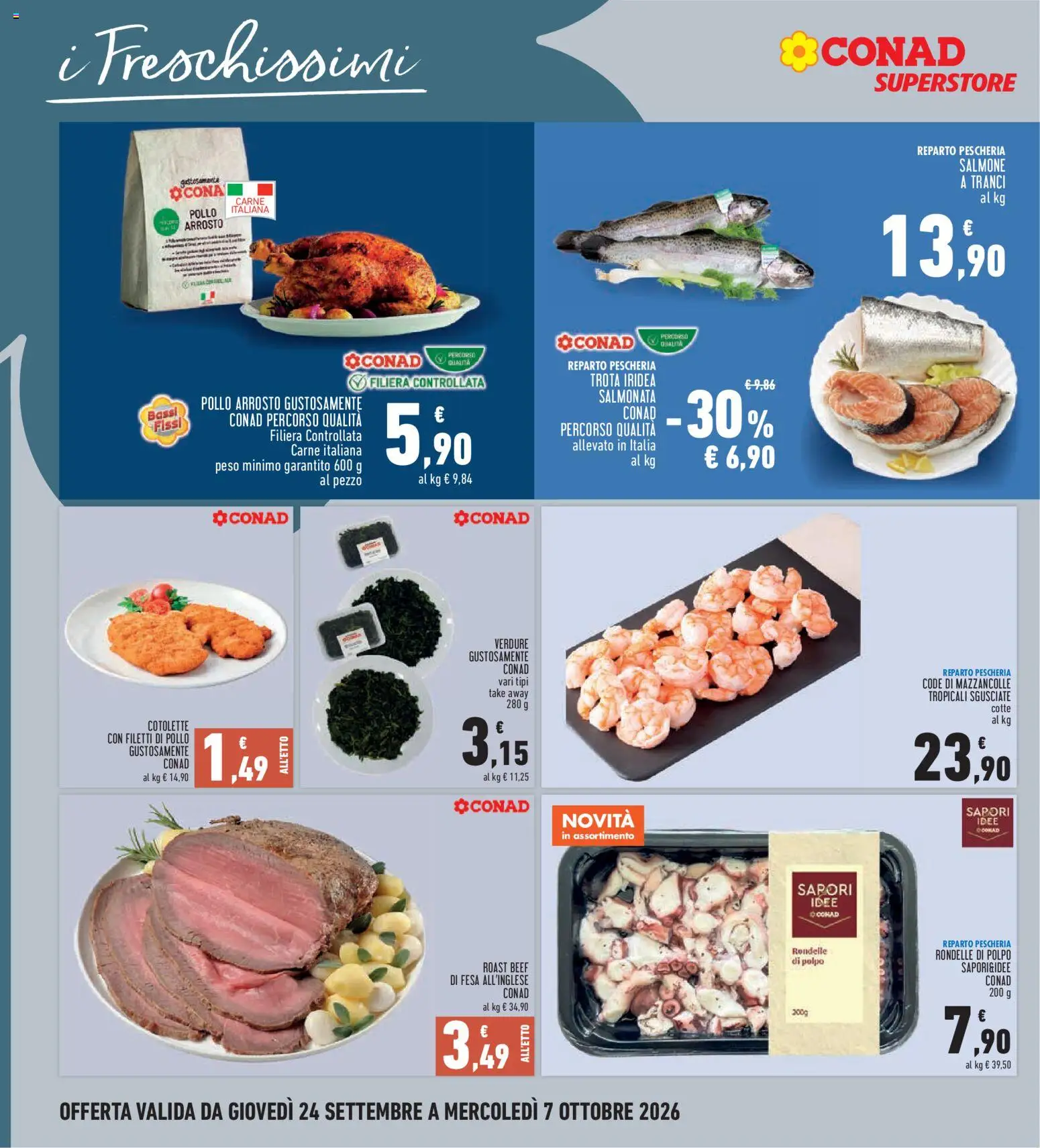 Volantino Conad del 24/09/2026 | Pagina: 8 | Prodotti: Pollo, Mazzancolle, Carne, Pollo arrosto