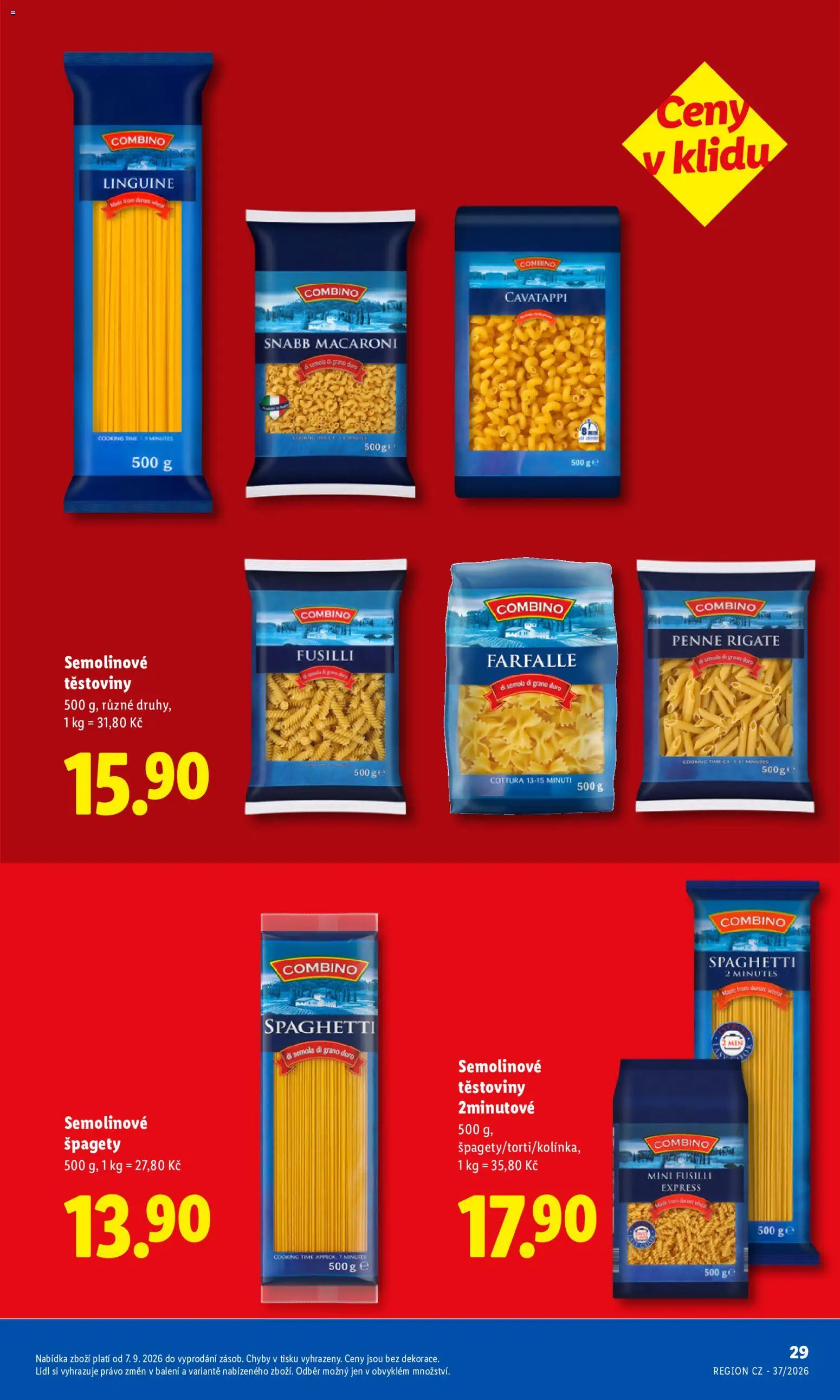 Lidl leták - Pro čistou domácnost máme všechno od 07.09.2026 | Strana: 29 | Produkty: Penne, Těstoviny, Špagety, Semolinové těstoviny
