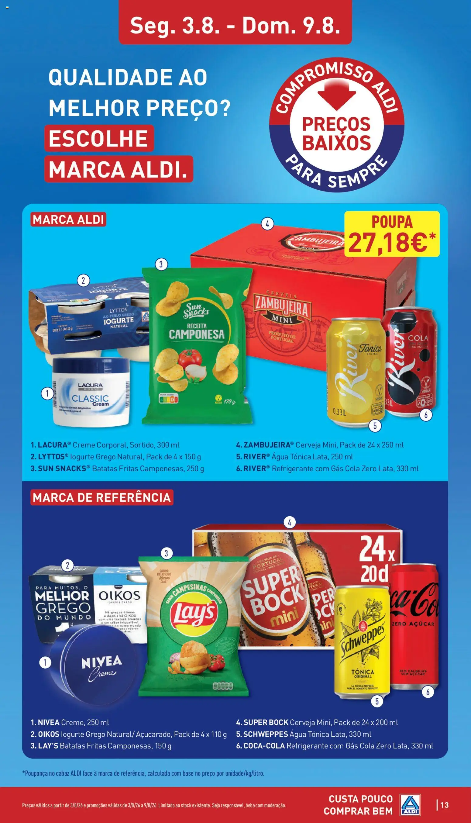Aldi folheto │ válido de 03/08/2026 | Página: 13 | Produtos: Agua, Super bock, Base, Cerveja
