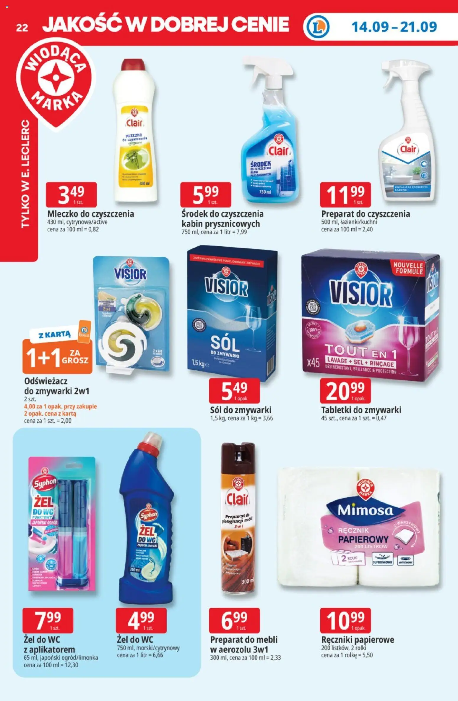 E.Leclerc gazetka od 14.09.2026 | Strona: 22 | Produkty: Odświeżacz, Ręczniki papierowe, Żel do WC, Tabletki do zmywarki