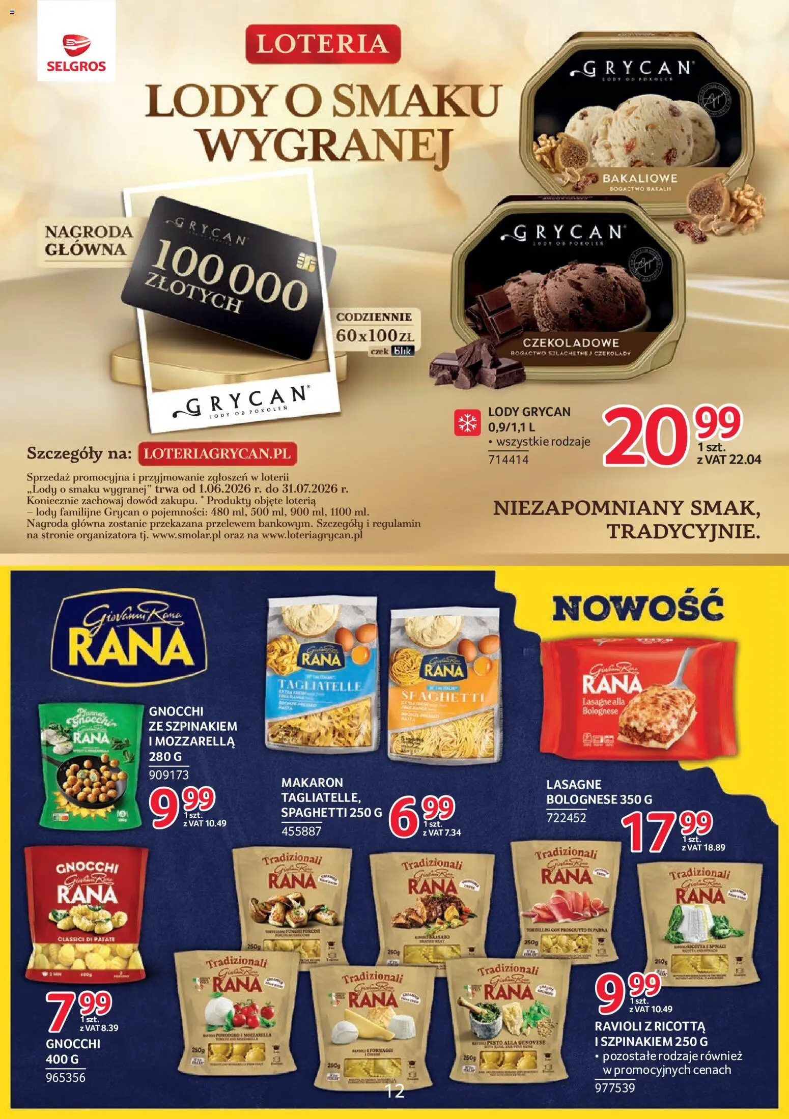 Selgros cash&carry gazetka - Markowe Produkty od 02.06.2026 | Strona: 12 | Produkty: Lody Grycan, Tagliatelle, Makaron, Lody