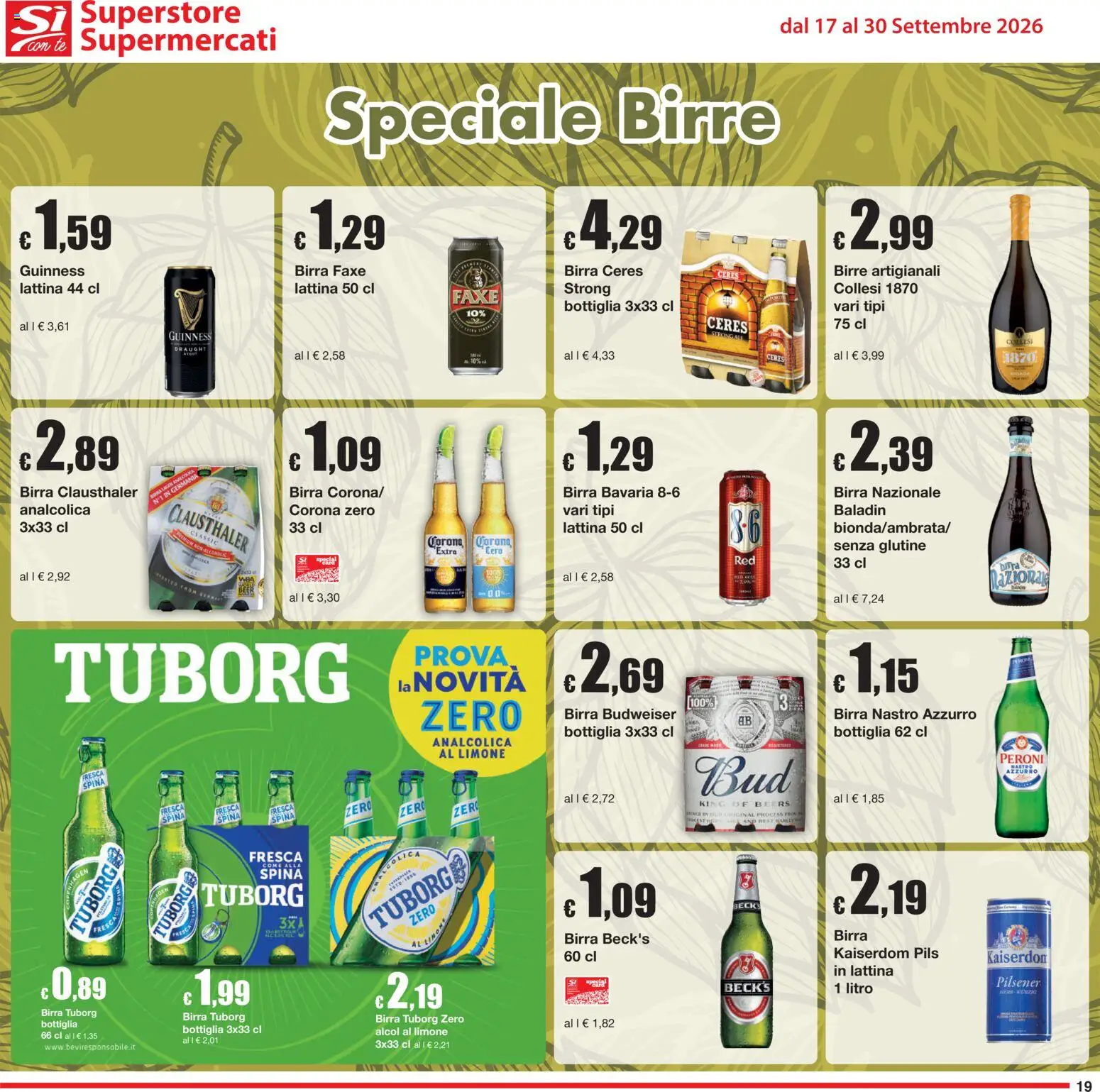 Volantino Sì con Te del 17/09/2026 | Pagina: 19 | Prodotti: Birra Tuborg, Pasta, Corona Extra, Bottiglia