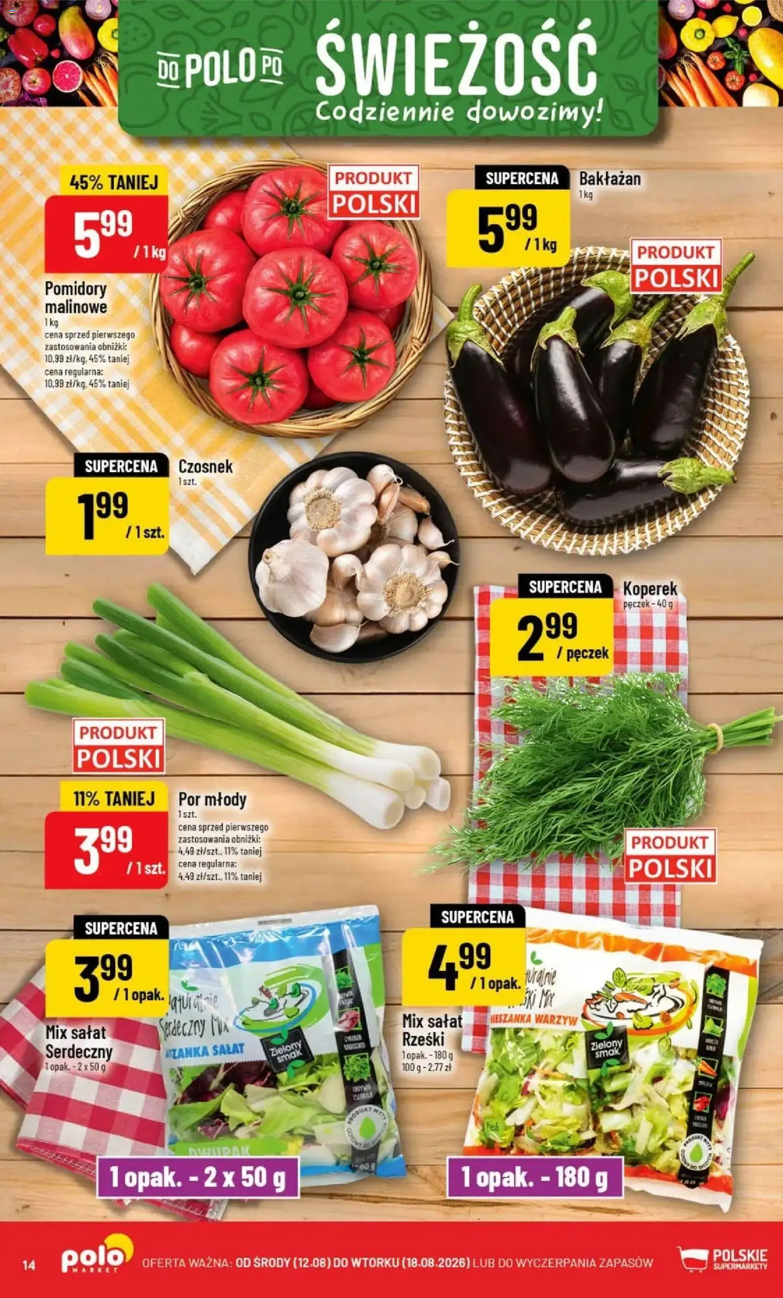 Nowa POLOmarket gazetka od jutra 12.08.2026 | Strona: 14 | Produkty: Czosnek, Bakłażan, Mix sałat, Pomidory