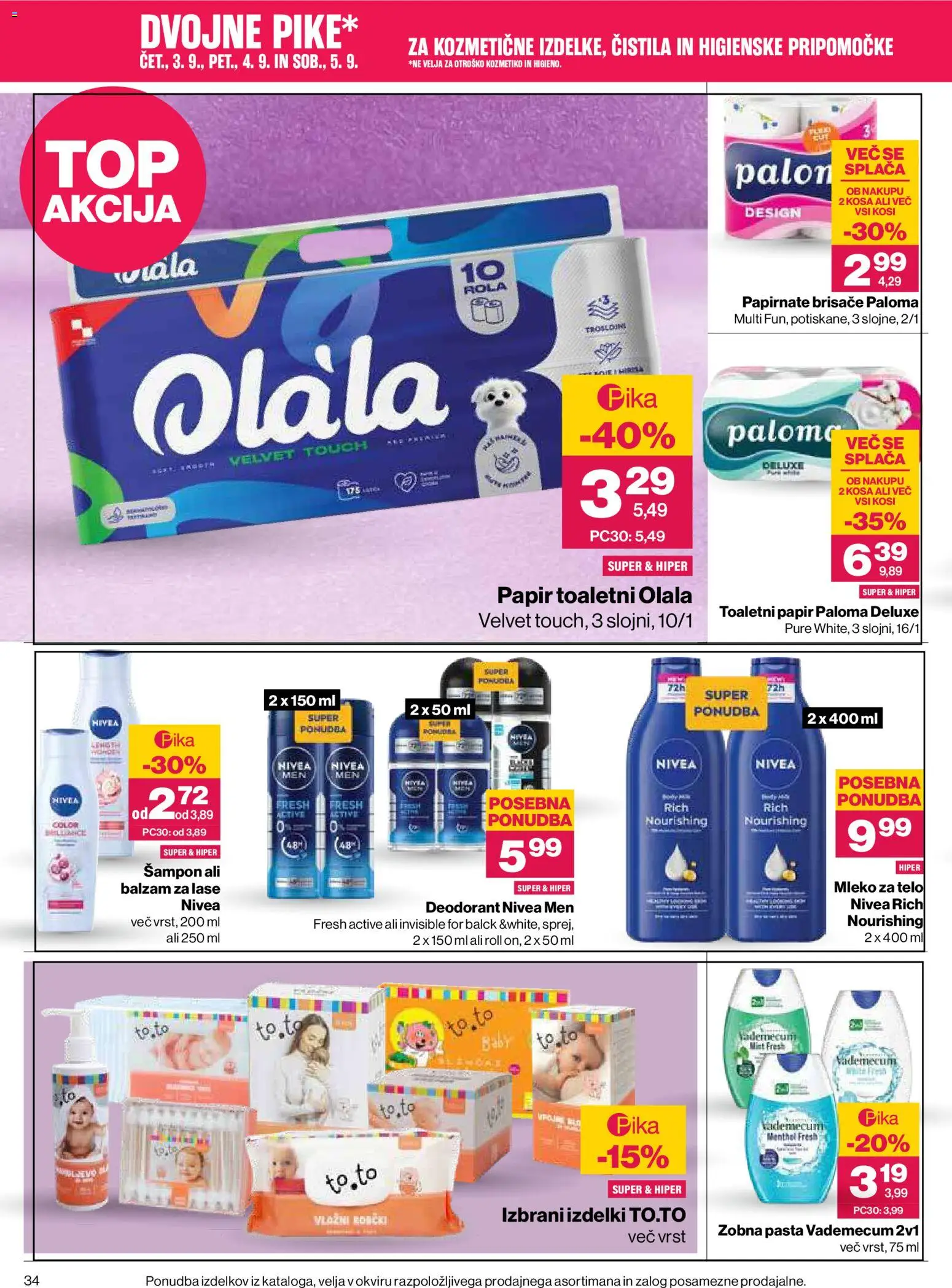 Novi Mercator katalog ponudbe – veljaven od 03.09.2026 | Stran: 34 | Izdelki: Čistila, Toaletni papir, Balzam za lase, Deodorant