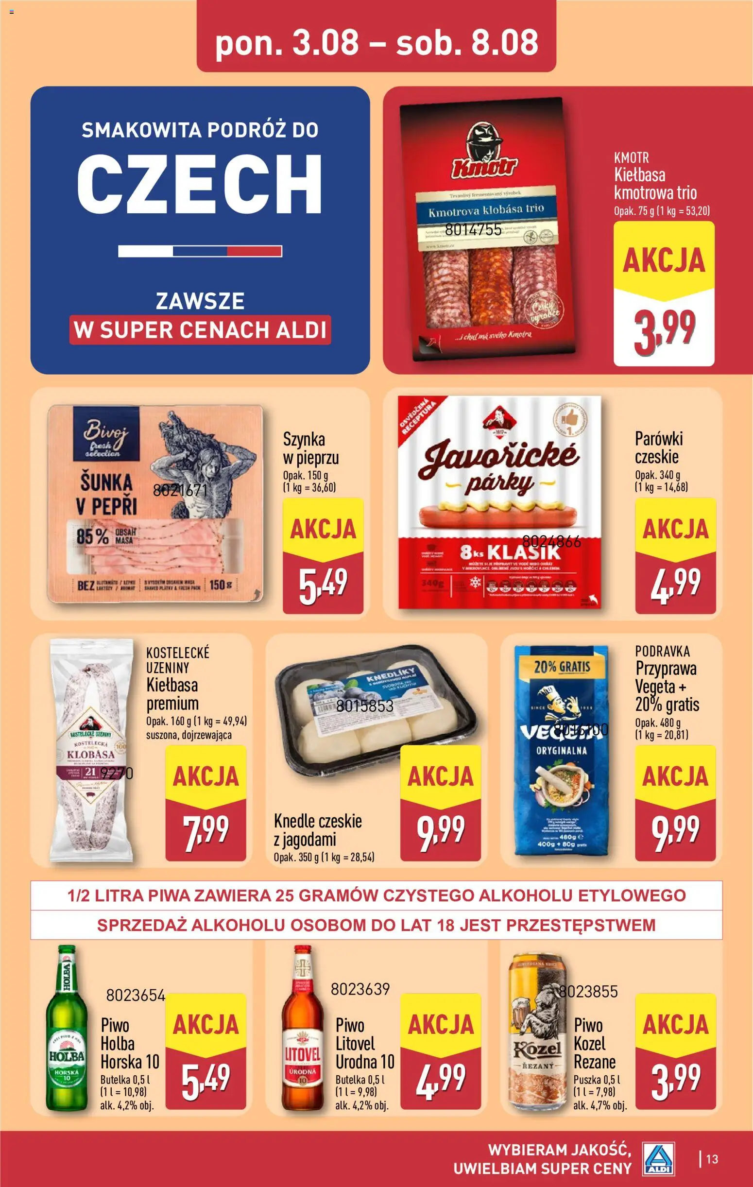 Aldi gazetka od 03.08.2026 | Strona: 13 | Produkty: Kiełbasa, Szynka, Piwo, Knedle