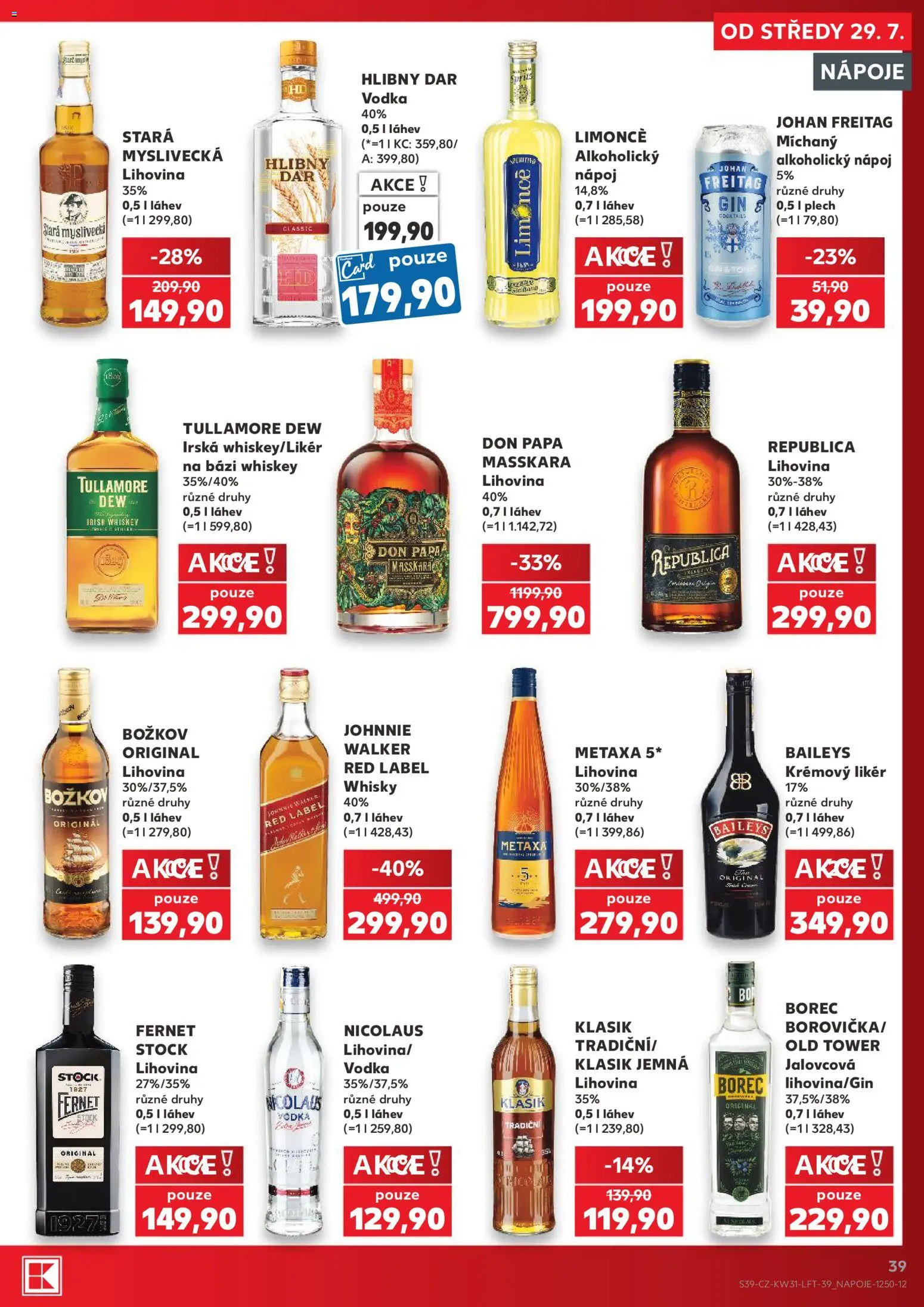 Kaufland leták - Plzeň Bory od 29.07.2026 | Strana: 39 | Produkty: Likér, Stará myslivecká, Fernet, Láhev