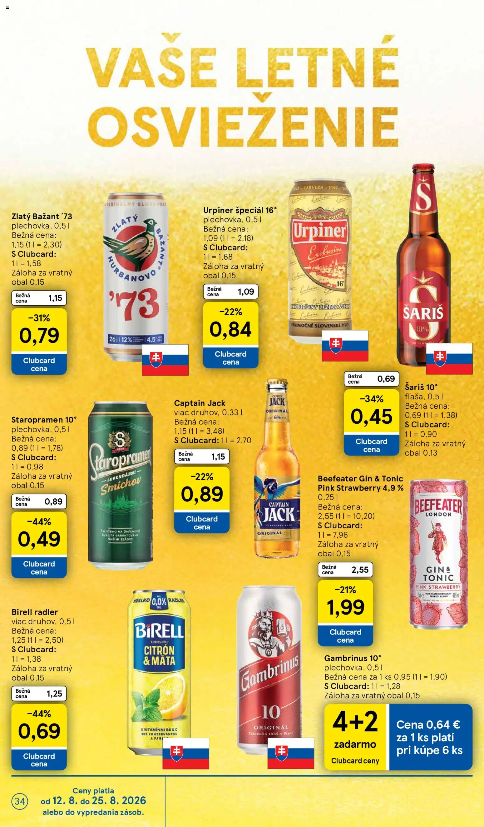 Nové Tesco akcie – leták je platný od 12.08.2026 | Strana: 34 | Produkty: Šariš, Gin, Gambrinus, Urpiner
